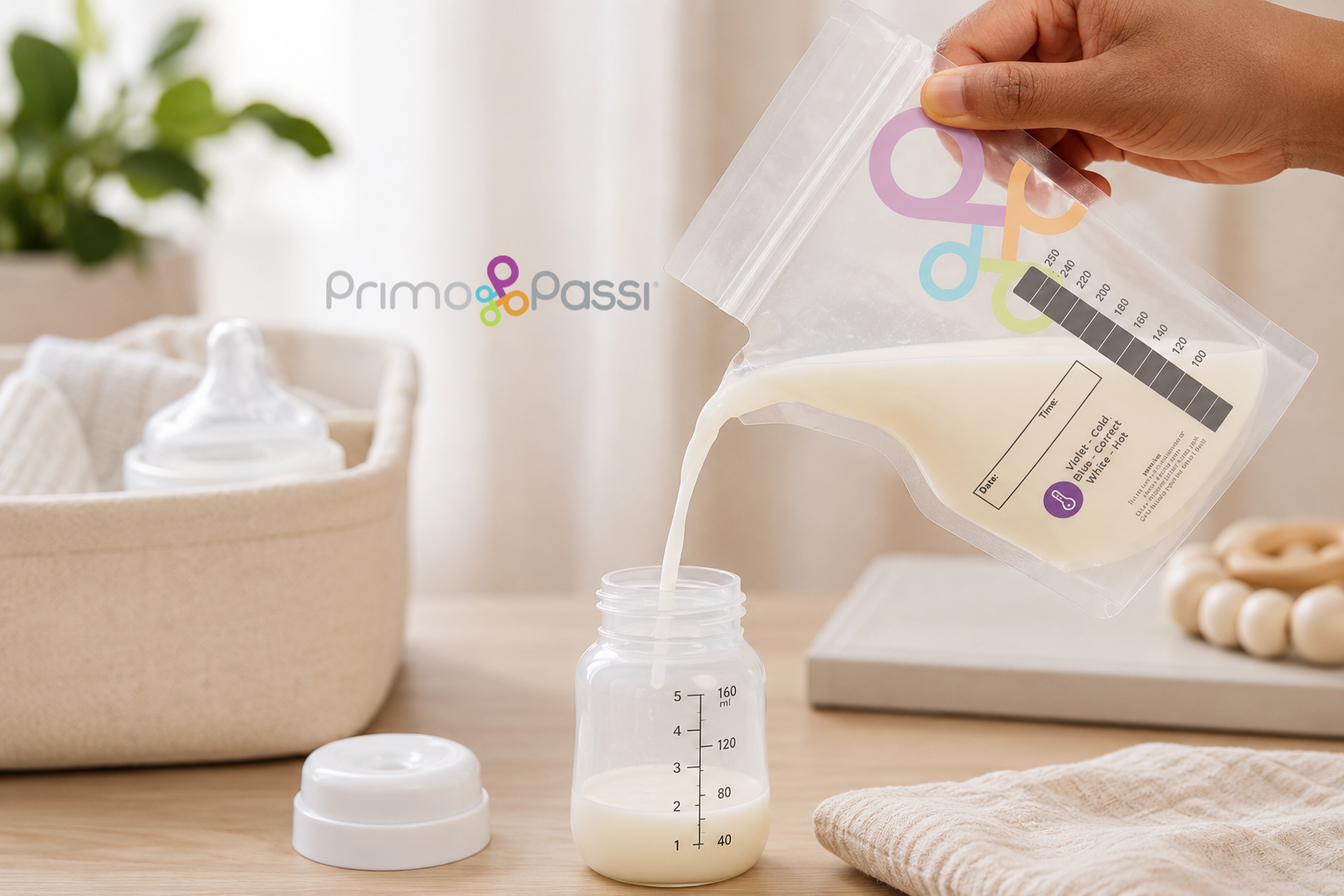 Breast milk being poured from a storage bag into a baby bottle.