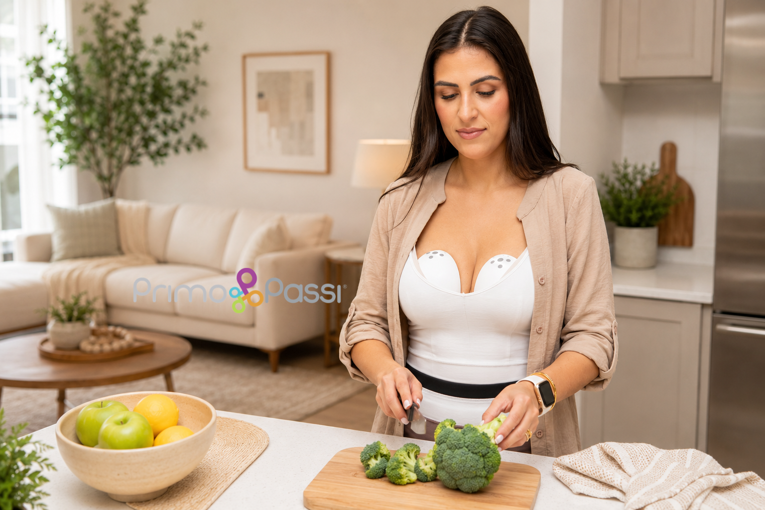 Woman wearing a wearable breast pump while preparing vegetables in a modern kitchen.