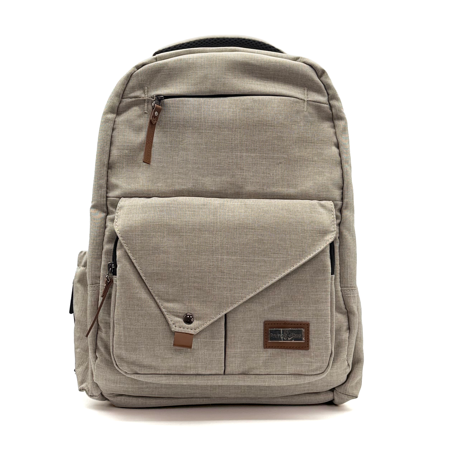Beige backpack with a front pocket on a white background