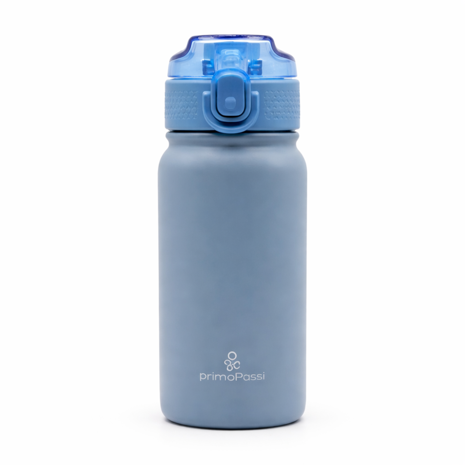 Blue insulated water bottle with a blue lid on a white background