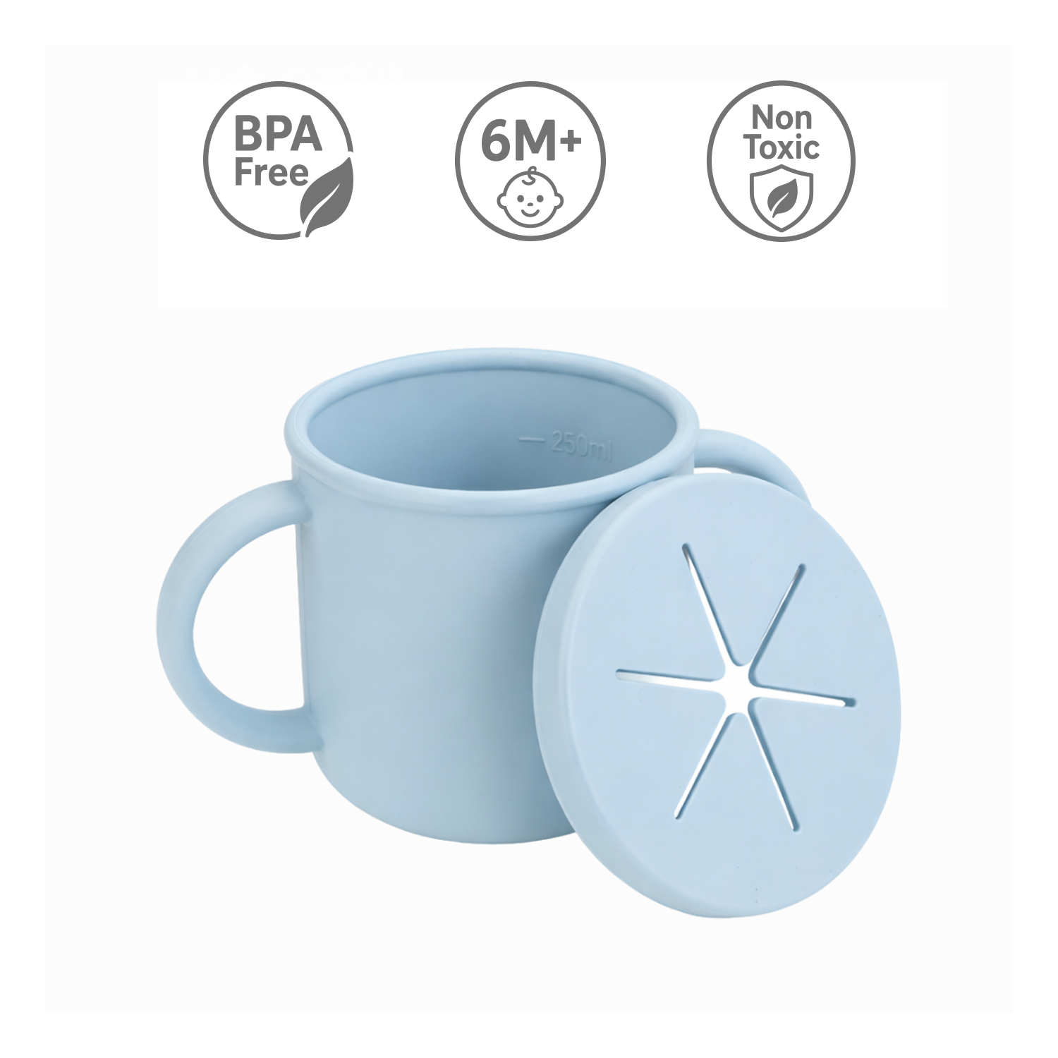  blue cup with lid on a white background, featuring BPA-free, 6M+, and non-toxic icons.
