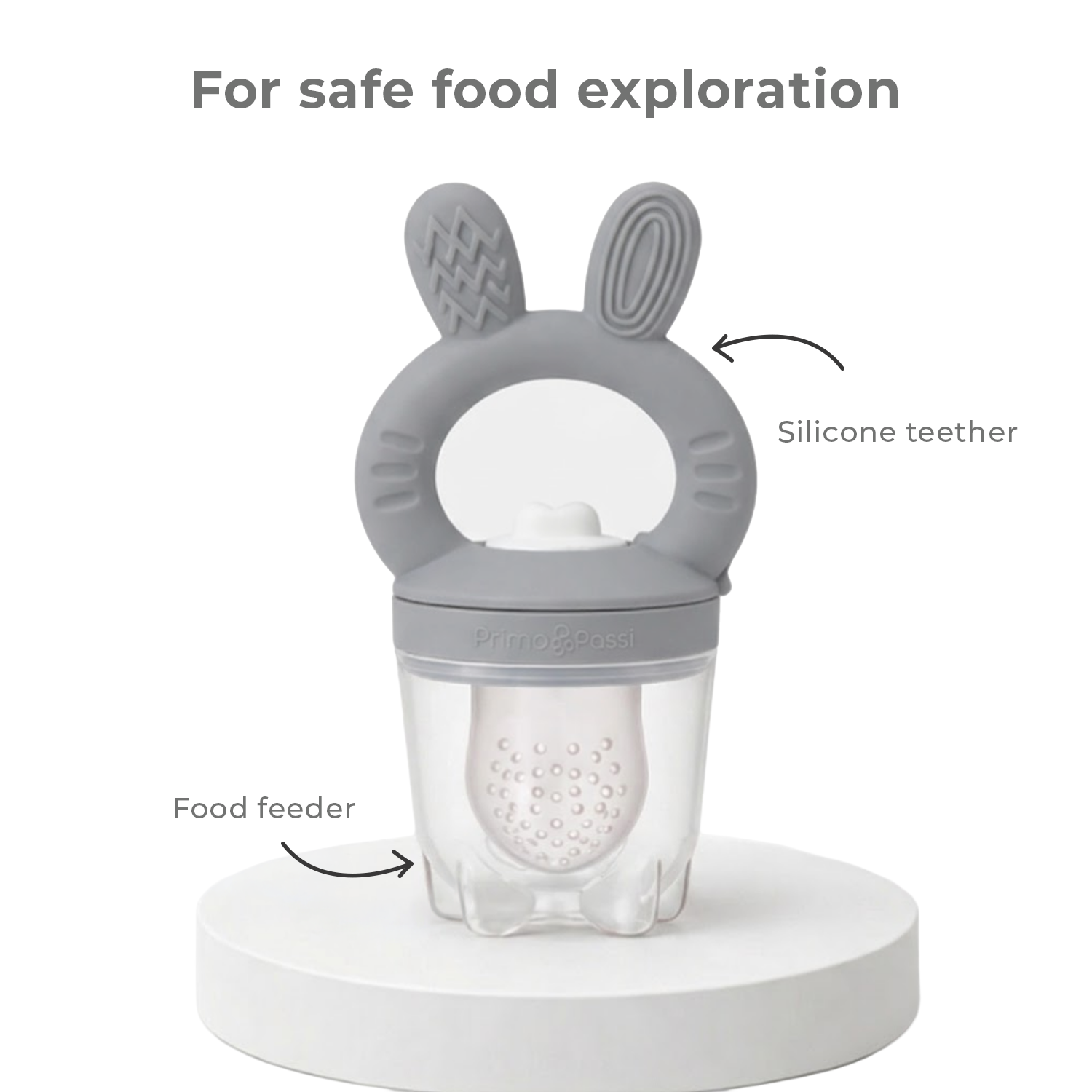 Gray silicone teether with food feeder on a white background, labeled "safe food exploration."