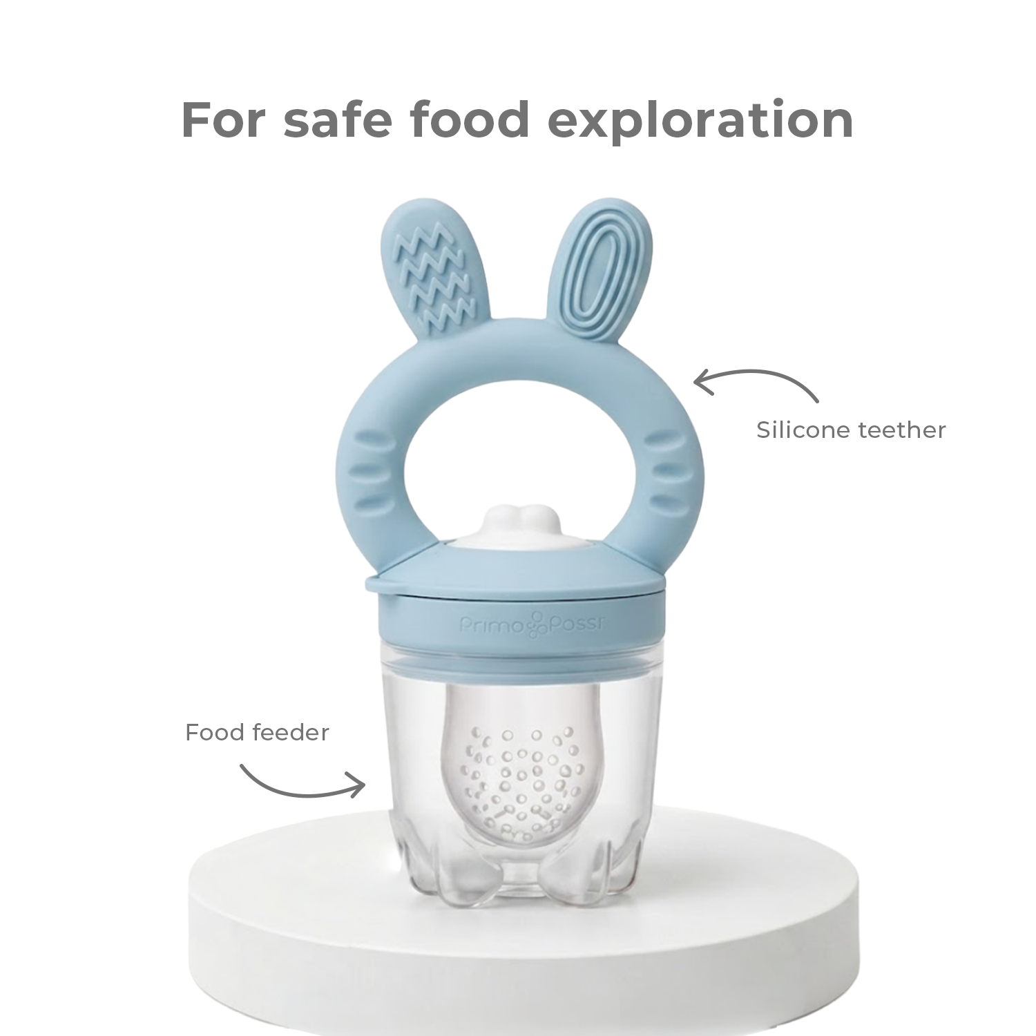 Blue silicone teether with food feeder on a white background