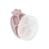 Pink silicone carrot freezer container with lid on a white background