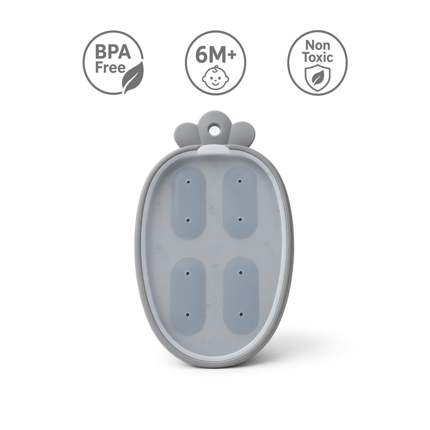 Silicone baby food storage with BPA-free, 6M+, and non-toxic labels on a white background