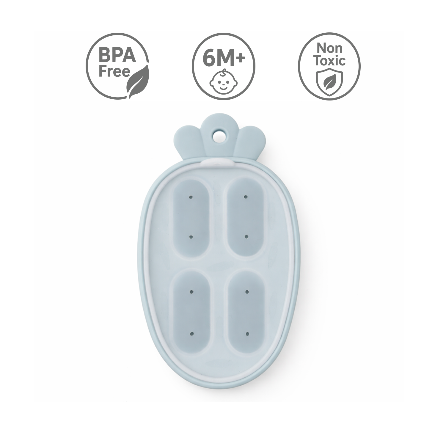 Silicone mold for baby food with BPA-free, 6M+, and non-toxic labels on a white background
