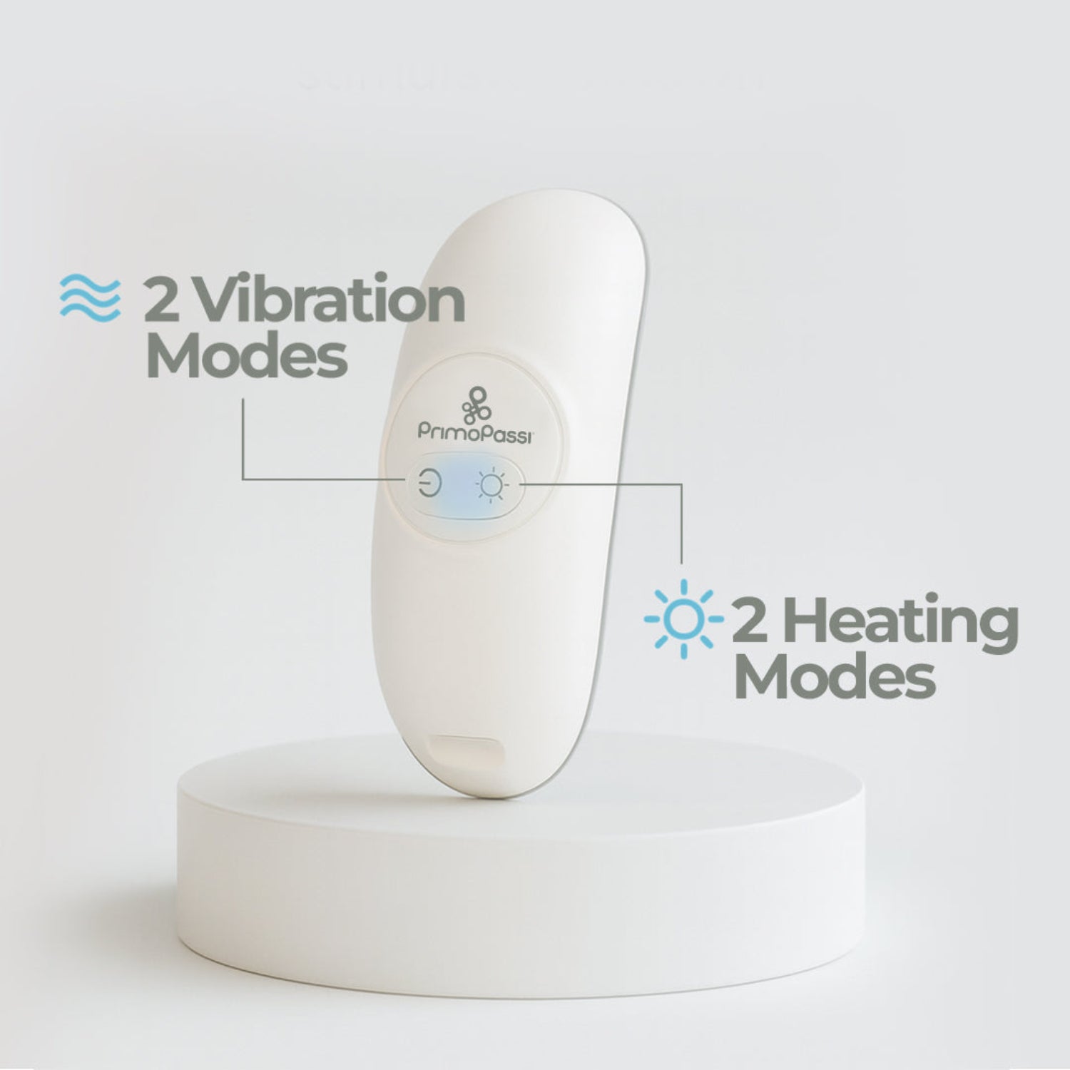 lactation massager device with branding on a light gray background, highlighting 2 vibration and 2 heating modes.