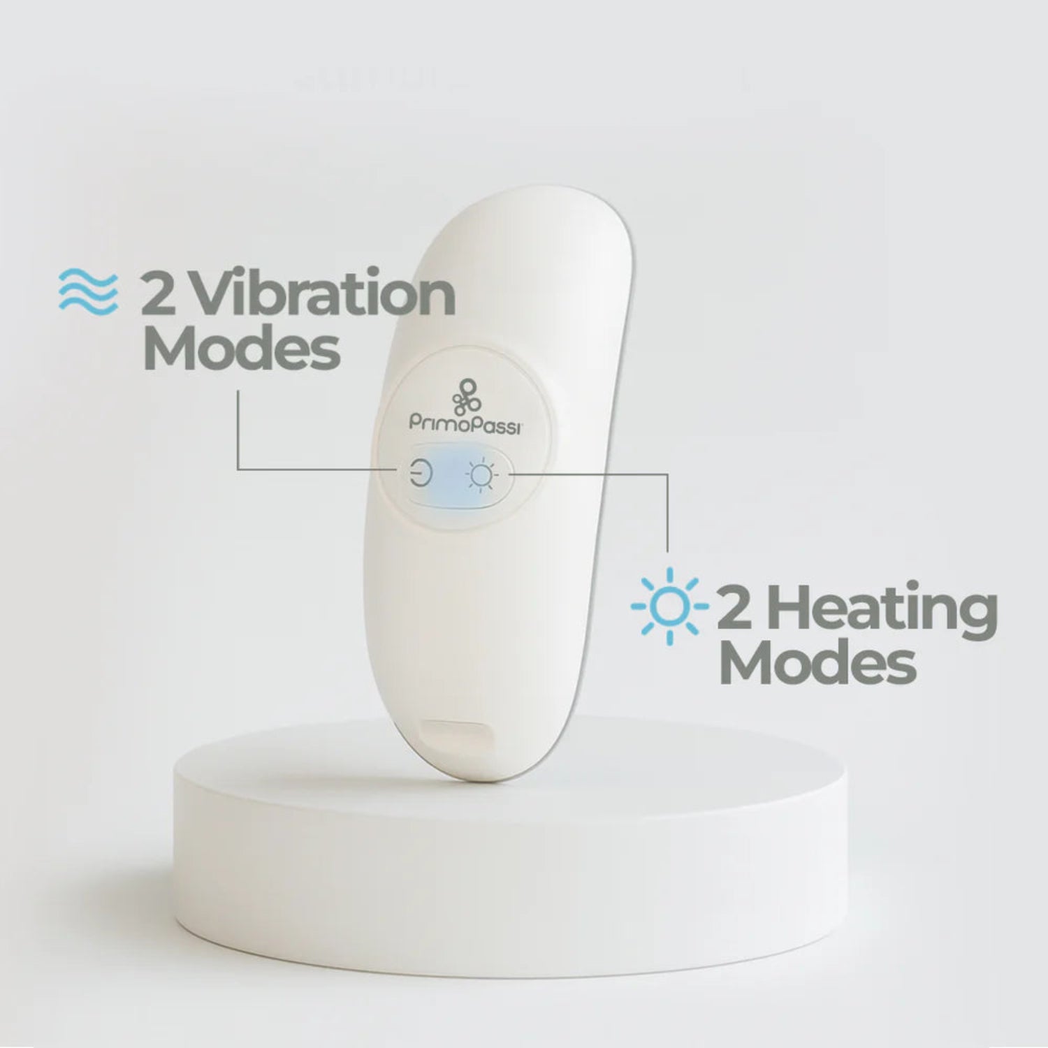 Lactation massager device with branding on a light gray background, highlighting 2 vibration and 2 heating modes.
