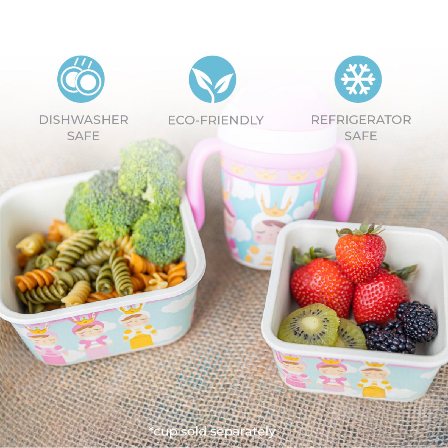 Three stacked square plastic storage containers with a character's print, shown on a woven mat with promotional text icons for dishwasher safe, eco-friendly, and refrigerator safe.
