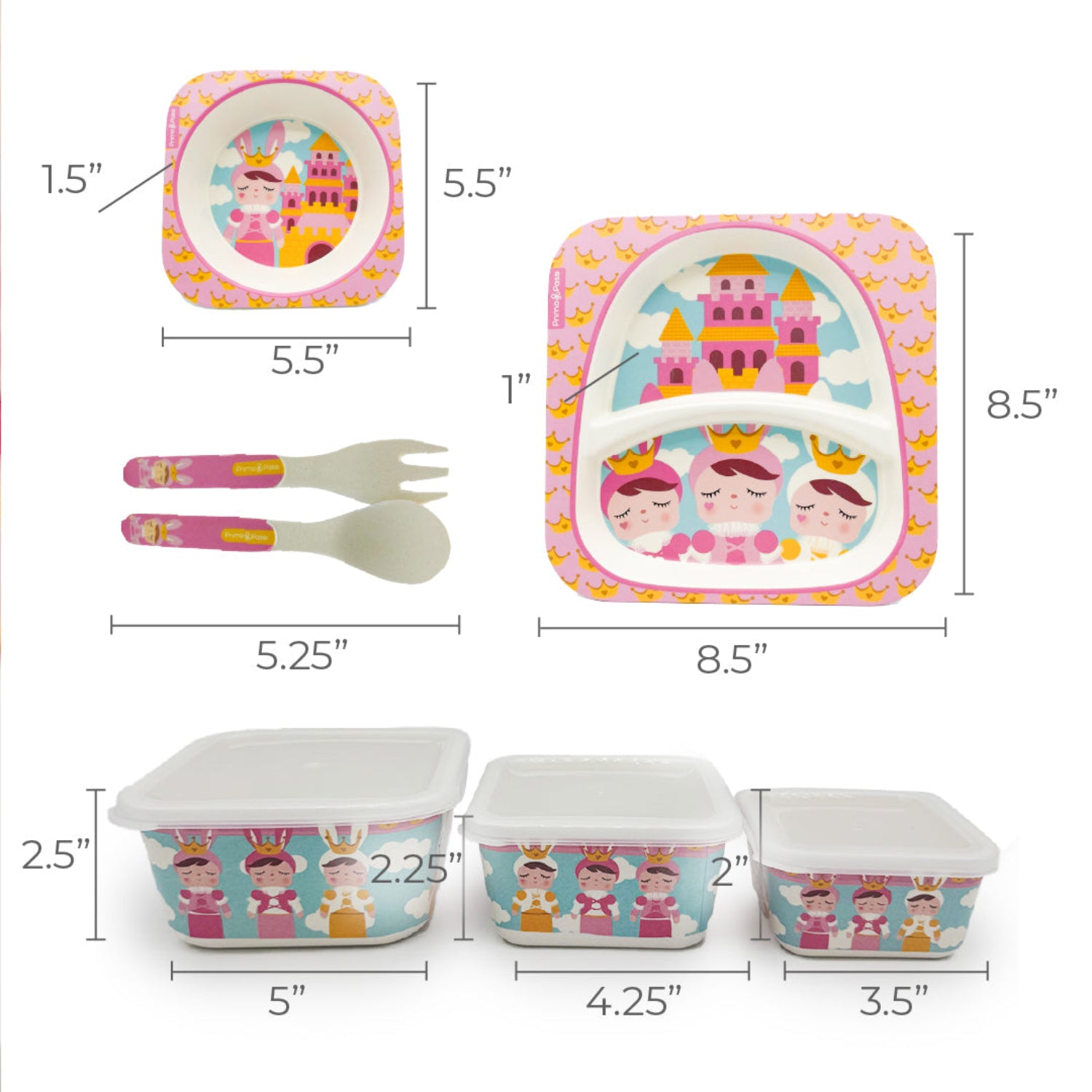 A set of children's dinnerware with Mettoo dolls illustrations, shown with dimension callouts for a plate, bowl, spoon, fork, and three storage containers on a white background.