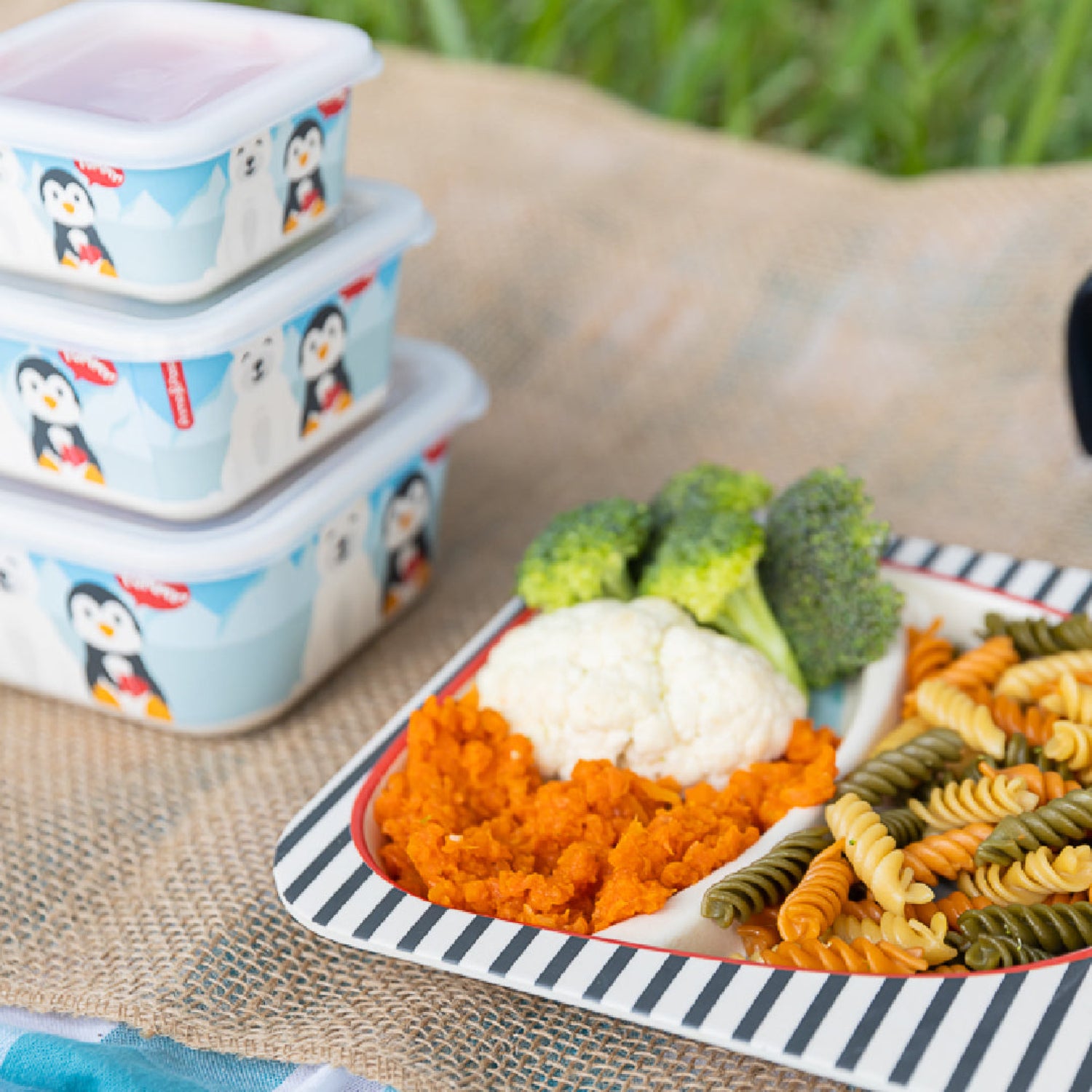 A set of three stacked light blue rectangular food storage containers with penguin illustrations sits on a burlap picnic blanket outdoors. In the foreground, a striped plate holds broccoli, cauliflower, orange sweet potato mash, and rotini pasta.