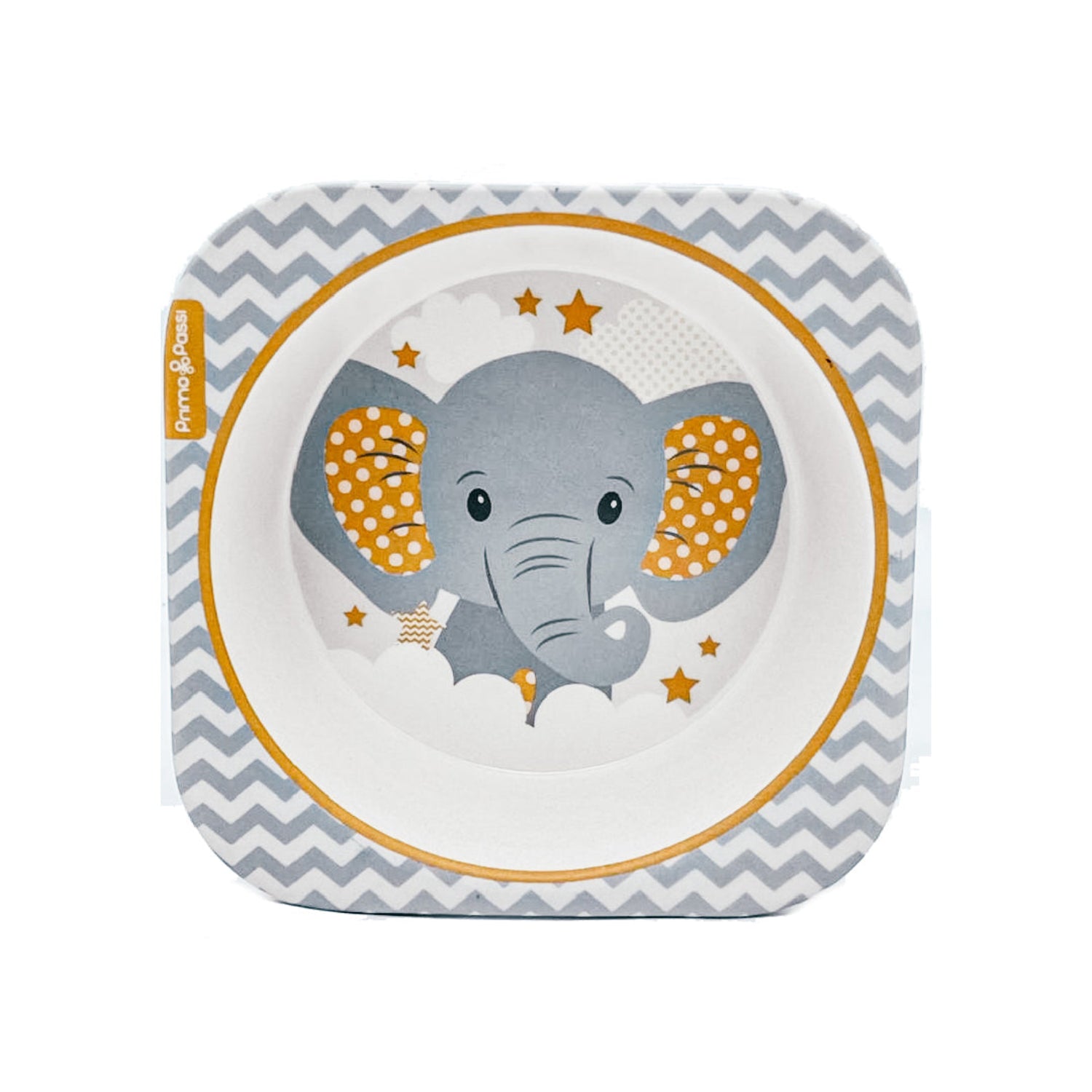Square bamboo fiber children's bowl featuring a cute gray elephant surrounded by clouds and stars in soft gray and mustard tones. The bowl has a gray chevron-patterned rim and is shown on a white background.