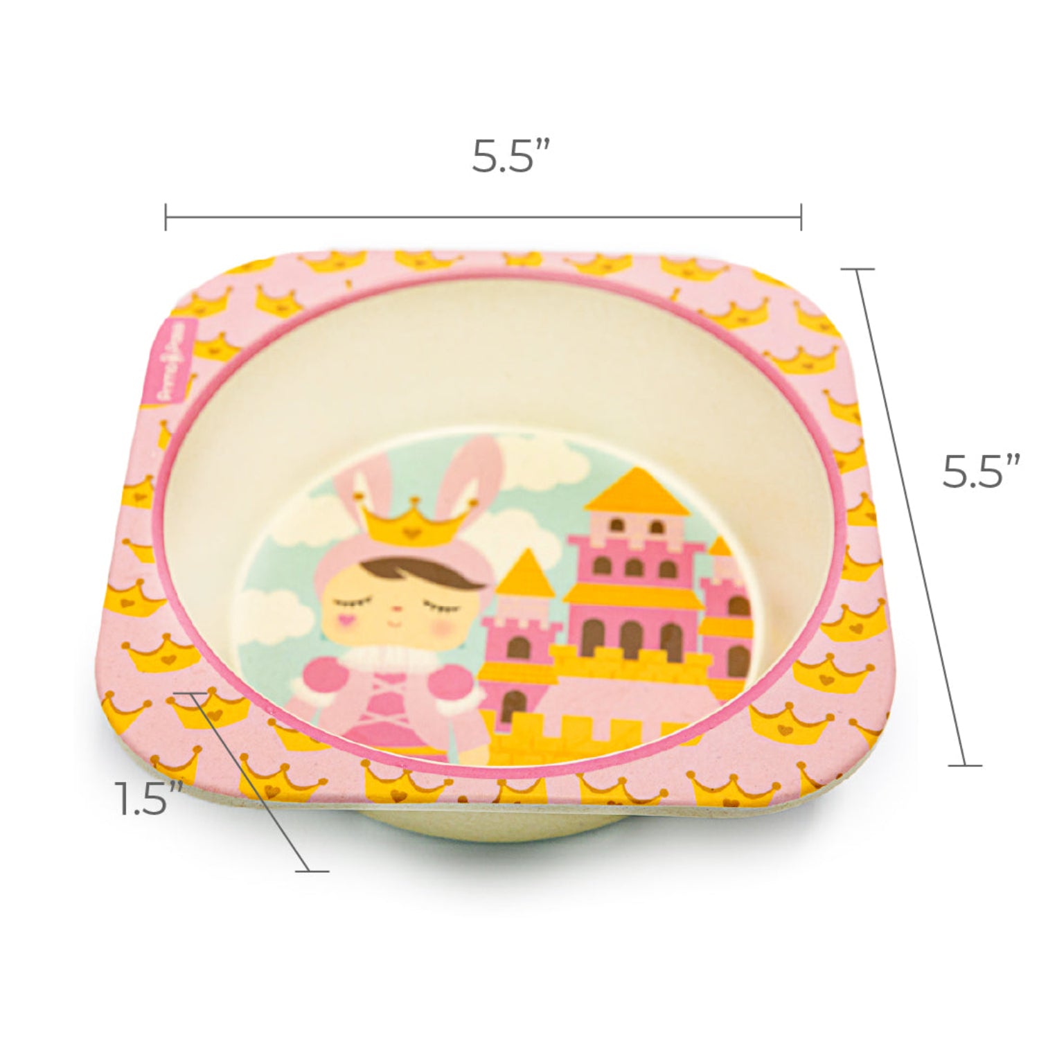 Square bamboo fiber children's bowl featuring a princess-themed design with a crowned character standing beside a pink and gold castle. The image includes the bowl's dimensions, measuring 5.5 inches wide, 5.5 inches long, and 1.5 inches deep.
