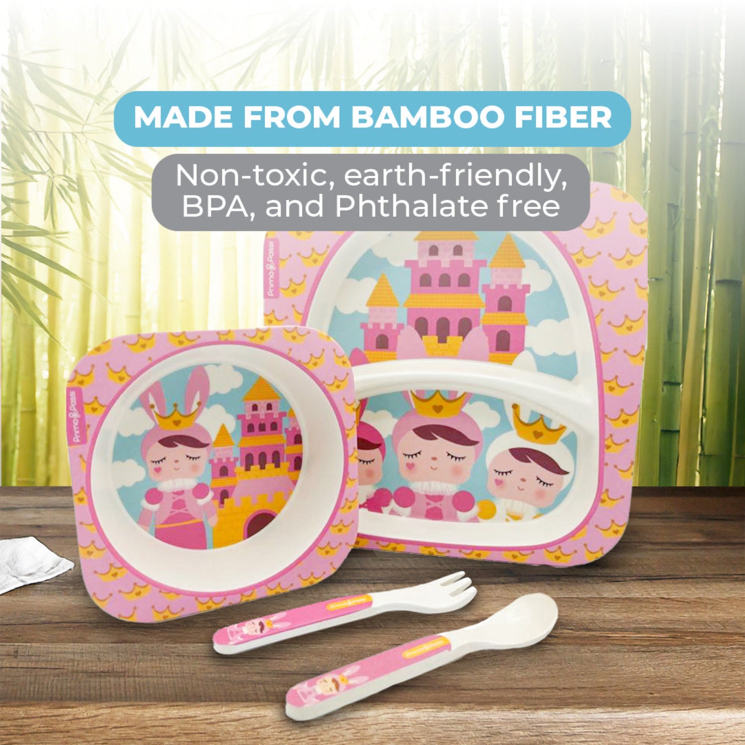 Bamboo fiber children's dinnerware set with illustrations, including a plate, bowls, and utensils, displayed on a wooden surface with promotional text overlays.