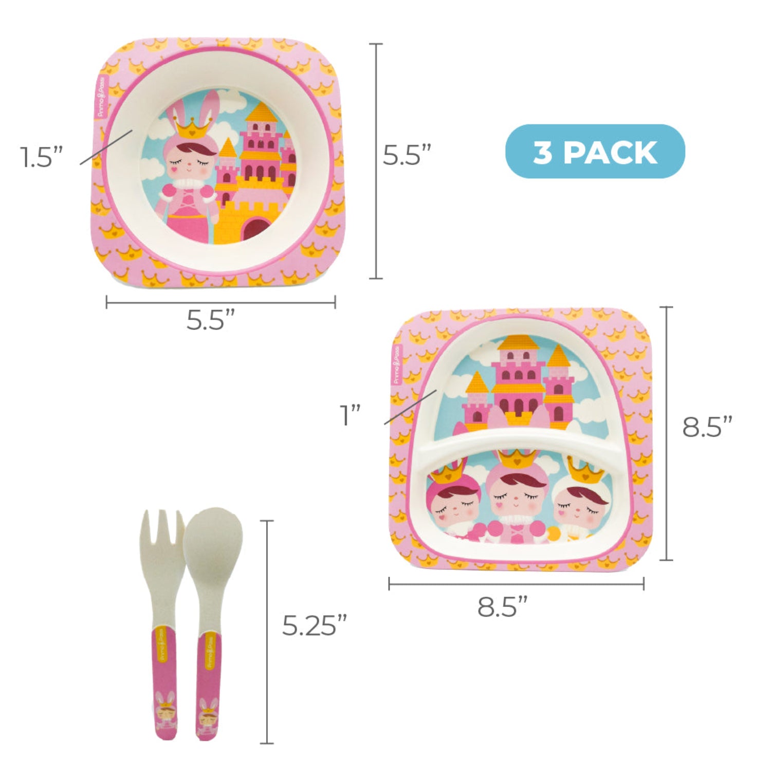 A set of children's dinnerware with Metoo dolls illustrations, shown with dimension callouts for a plate, bowl, spoon and fork, on a white background.