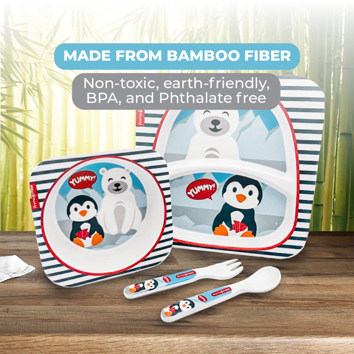 Bamboo fiber children's dinnerware set with cartoon polar bear and penguin illustrations, including a plate, bowls, and utensils, displayed on a wooden surface with promotional text overlays.
