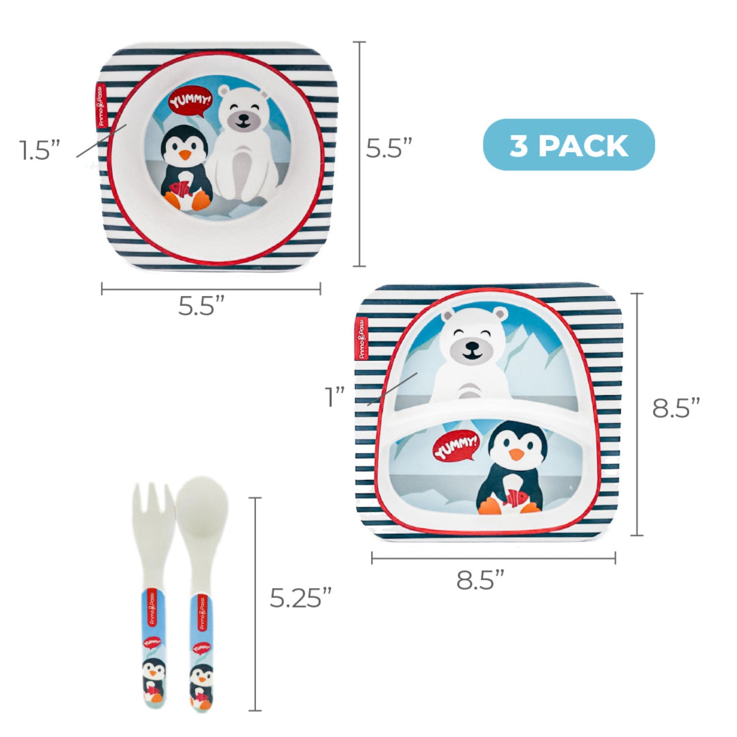 A set of children's dinnerware with Arctic penguin and polar bear illustrations, shown with dimension callouts for a plate, bowl, spoon, fork, on a white background.