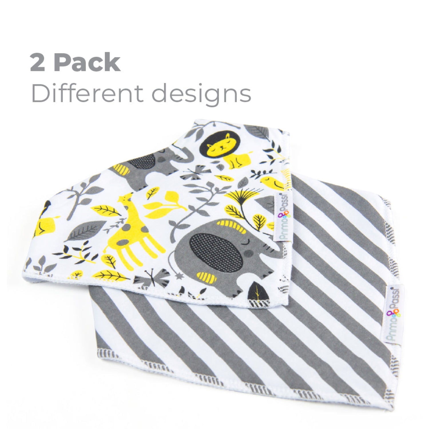 Two Primo Passi bandana bibs featuring different designs: one with a gray-and-white striped pattern and one with playful safari animal prints in gray, white, and yellow. Soft, absorbent cotton bibs designed for babies 0–9 months.