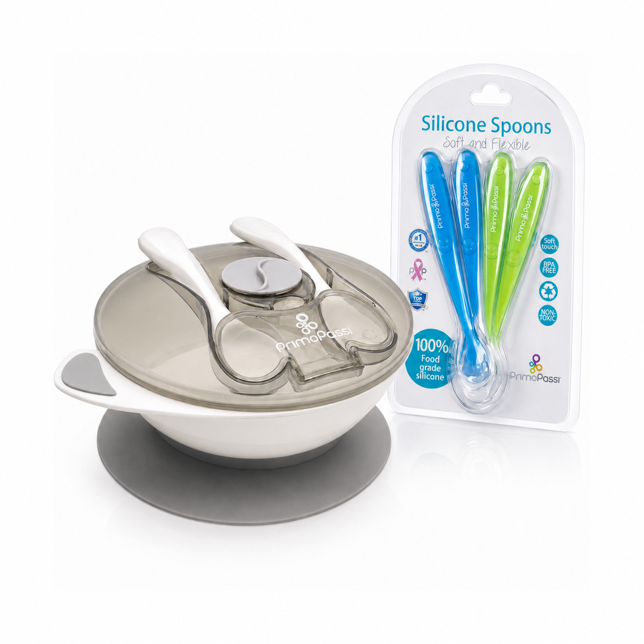 Primo Passi - Suction Bowl Grey + Silicone Spoon 4-Pack Blue/Green