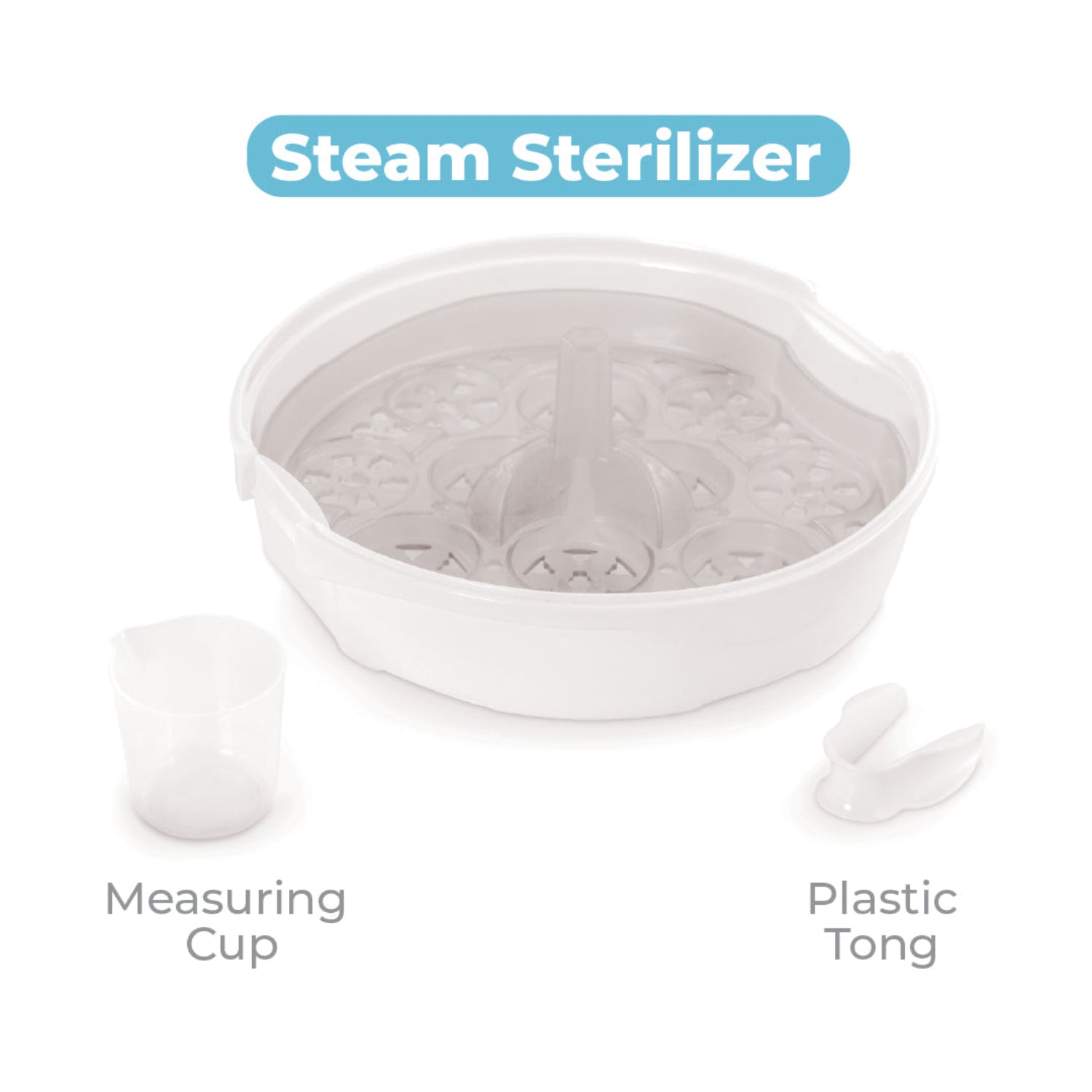 Primo Passi microwave steam sterilizer base with measuring cup and plastic tongs on a white background, labeled with included accessories.