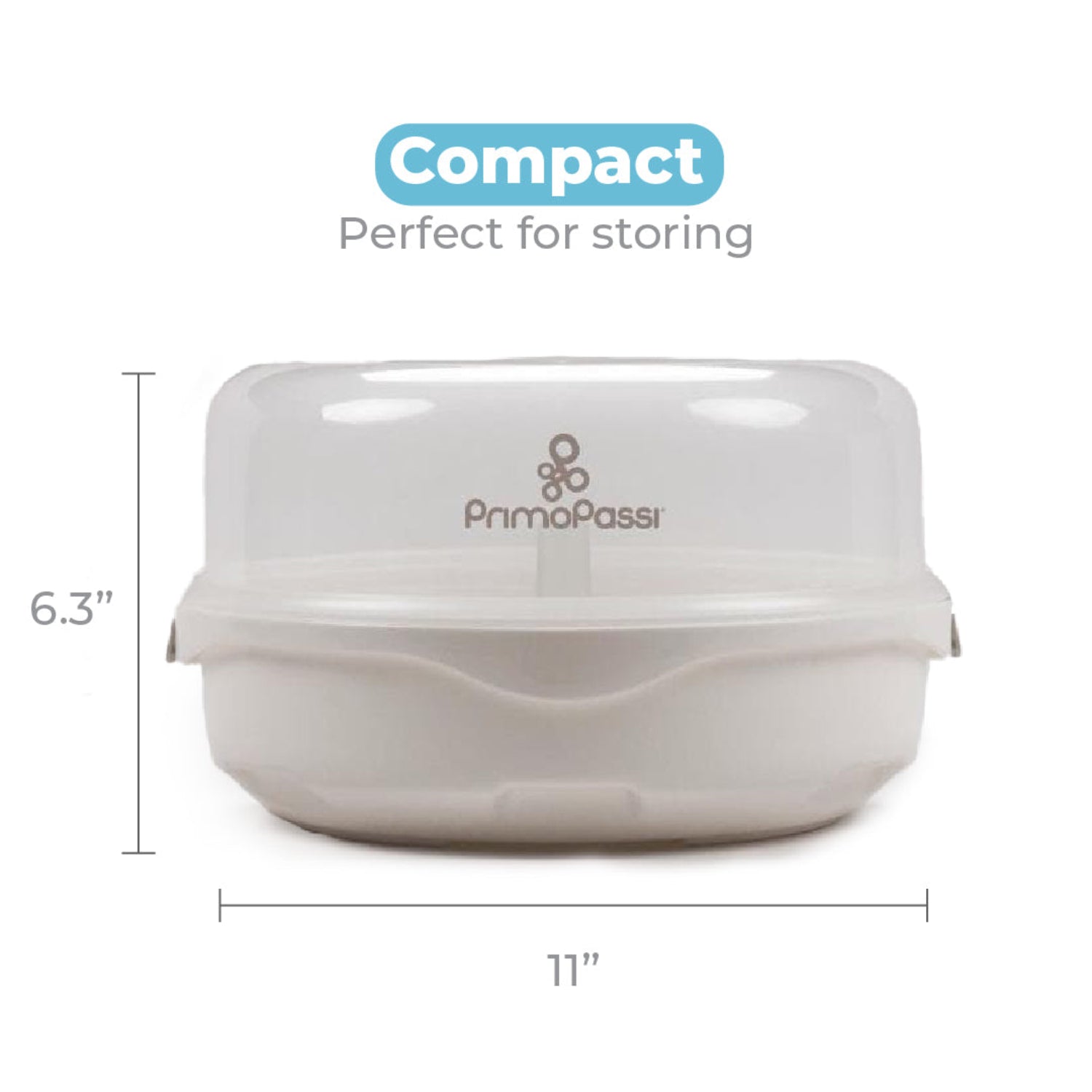 Primo Passi microwave steam sterilizer with transparent lid on a white background, showing compact dimensions for easy storage.