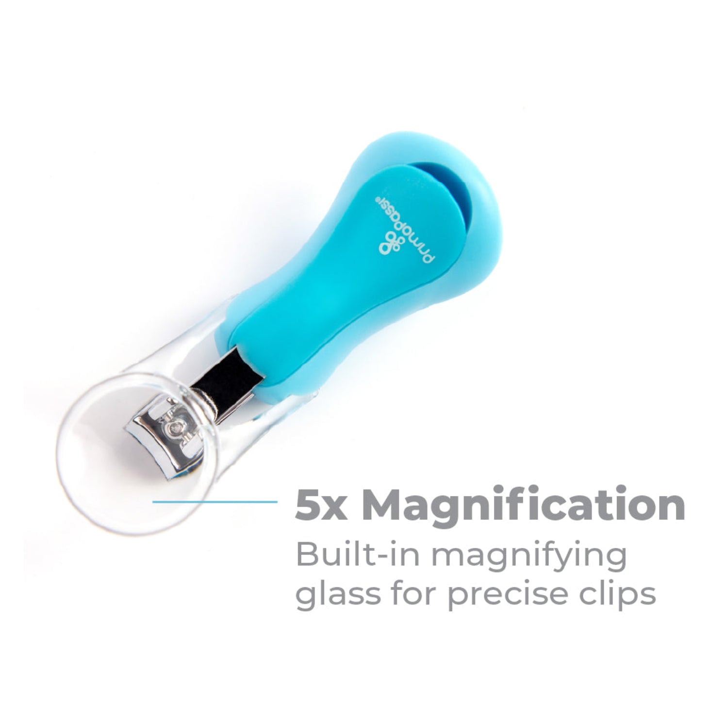 Blue nail clipper with a built-in magnifying glass on a white background