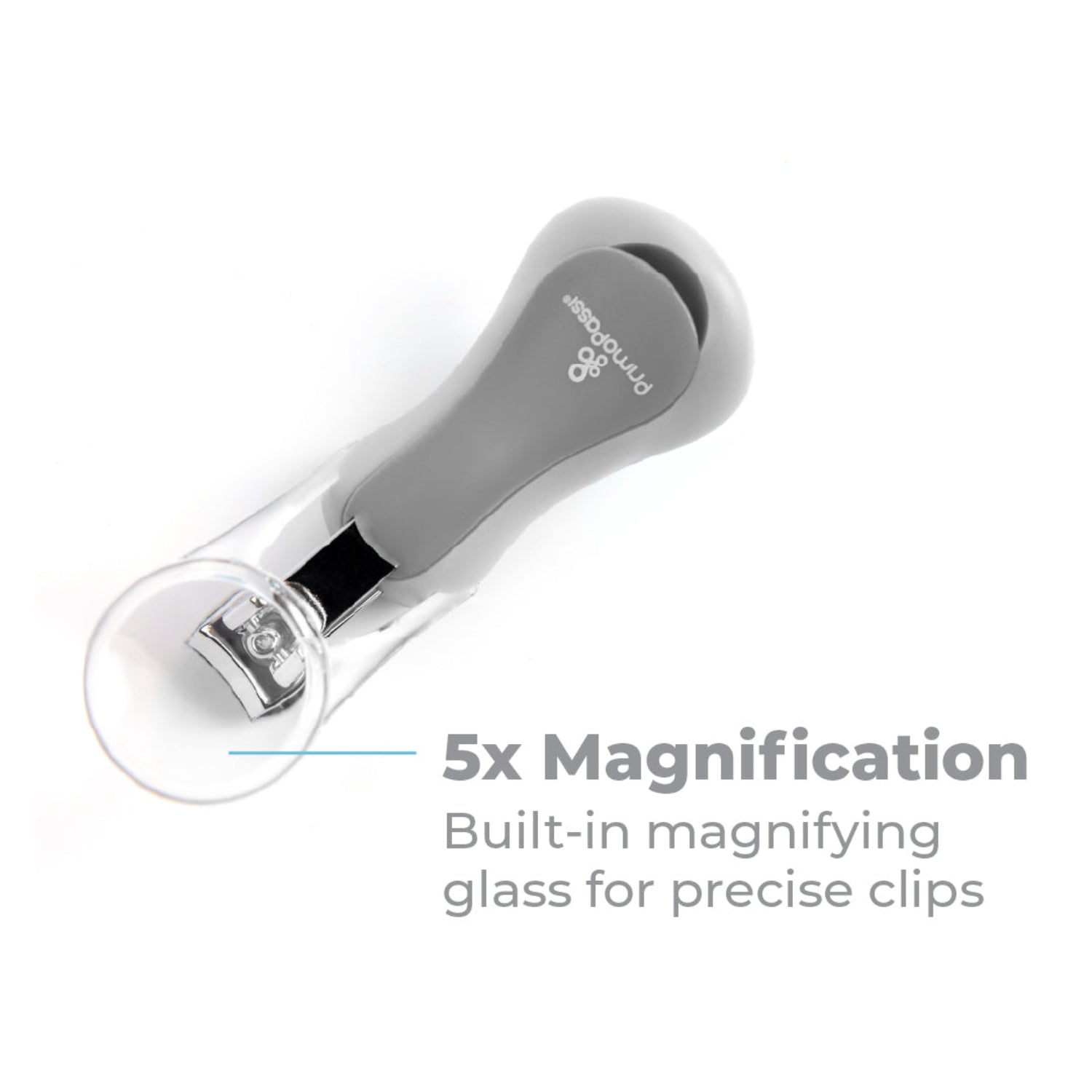 A gray and silver nail clipper with a built-in magnifying glass, shown on a white background with text reading '5x Magnification' and 'Built-in magnifying glass for precise clips'.