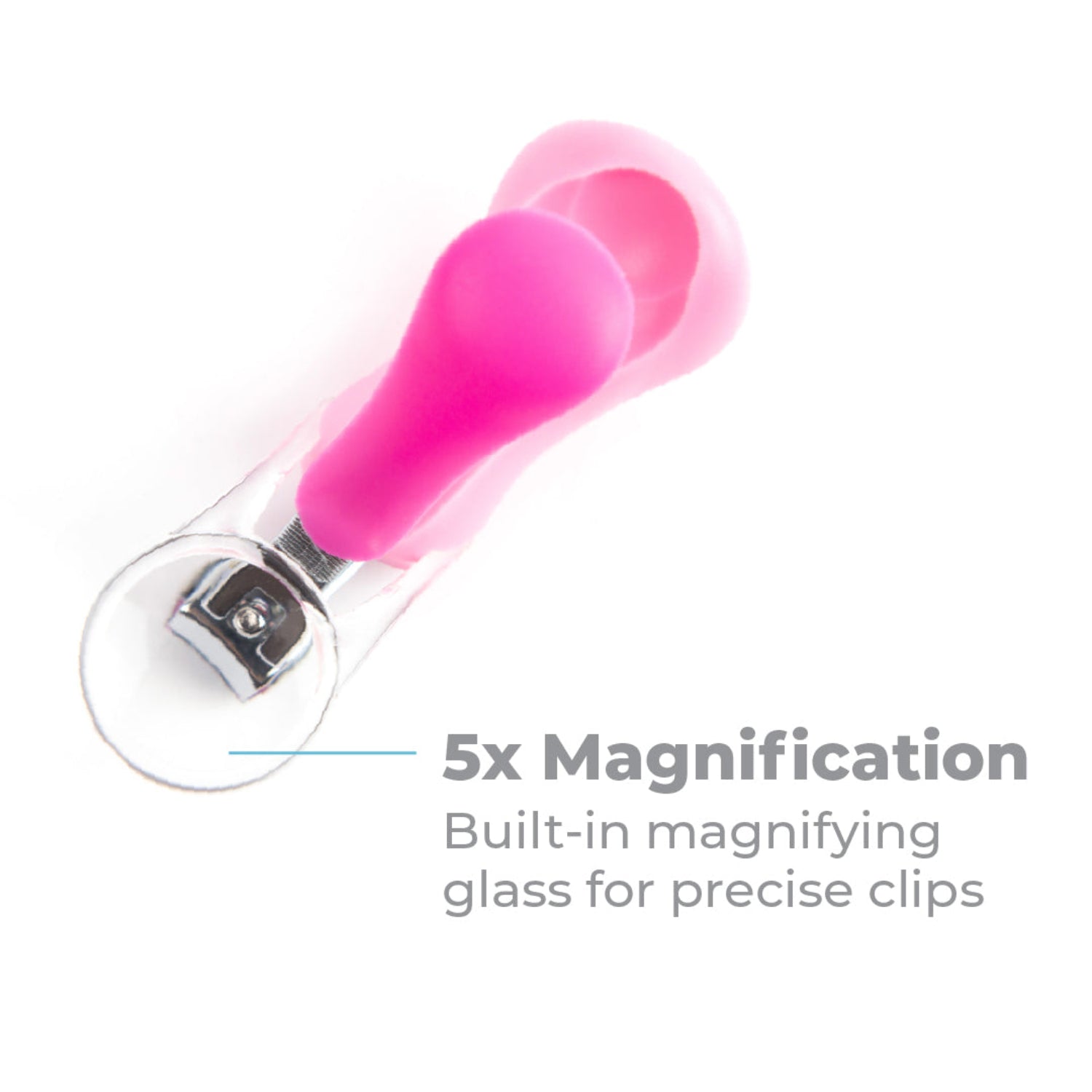 Pink baby nail clipper with a built-in 5x magnifying glass displayed on a white background. The close-up image highlights the clear magnifying lens positioned over the stainless steel clipper blades, along with the ergonomic pink silicone handle designed for a secure grip. The graphic emphasizes the built-in magnifier for precise, safe nail trimming and includes the text "5x Magnification – Built-in magnifying glass for precise clips."