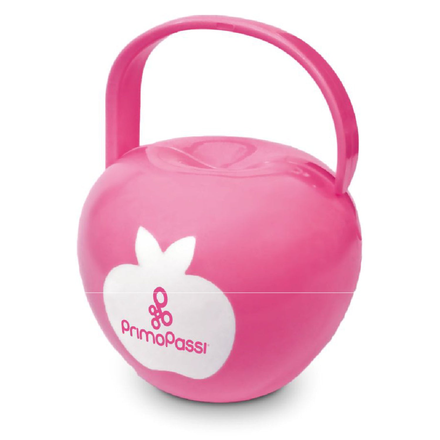 Primo Passi pink pacifier case with a built-in carrying handle, designed to keep pacifiers clean and protected while on the go. The compact, BPA-free case easily attaches to a stroller, diaper bag, or handbag for convenient storage and quick access.