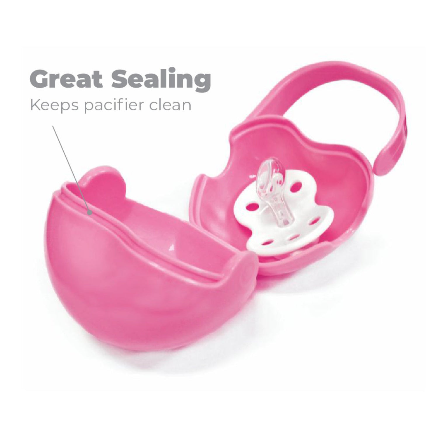Open Primo Passi pink pacifier case with a pacifier stored inside, demonstrating the secure seal that helps keep pacifiers clean and protected from dirt while on the go. The BPA-free case features a built-in handle for easy attachment to strollers, diaper bags, or handbags.
