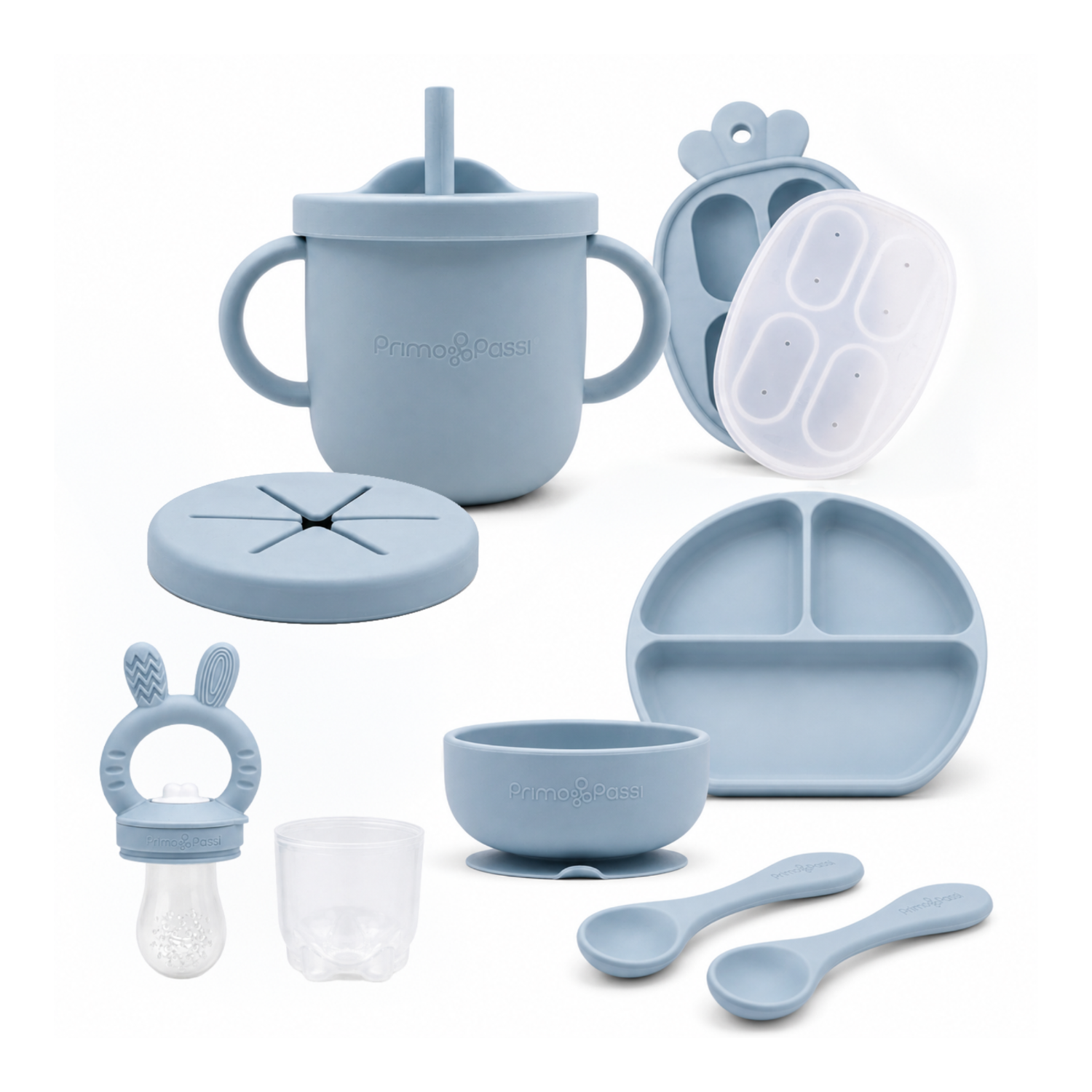 Set of blue baby feeding utensils including a cup, bowl, and various other items on a white background.