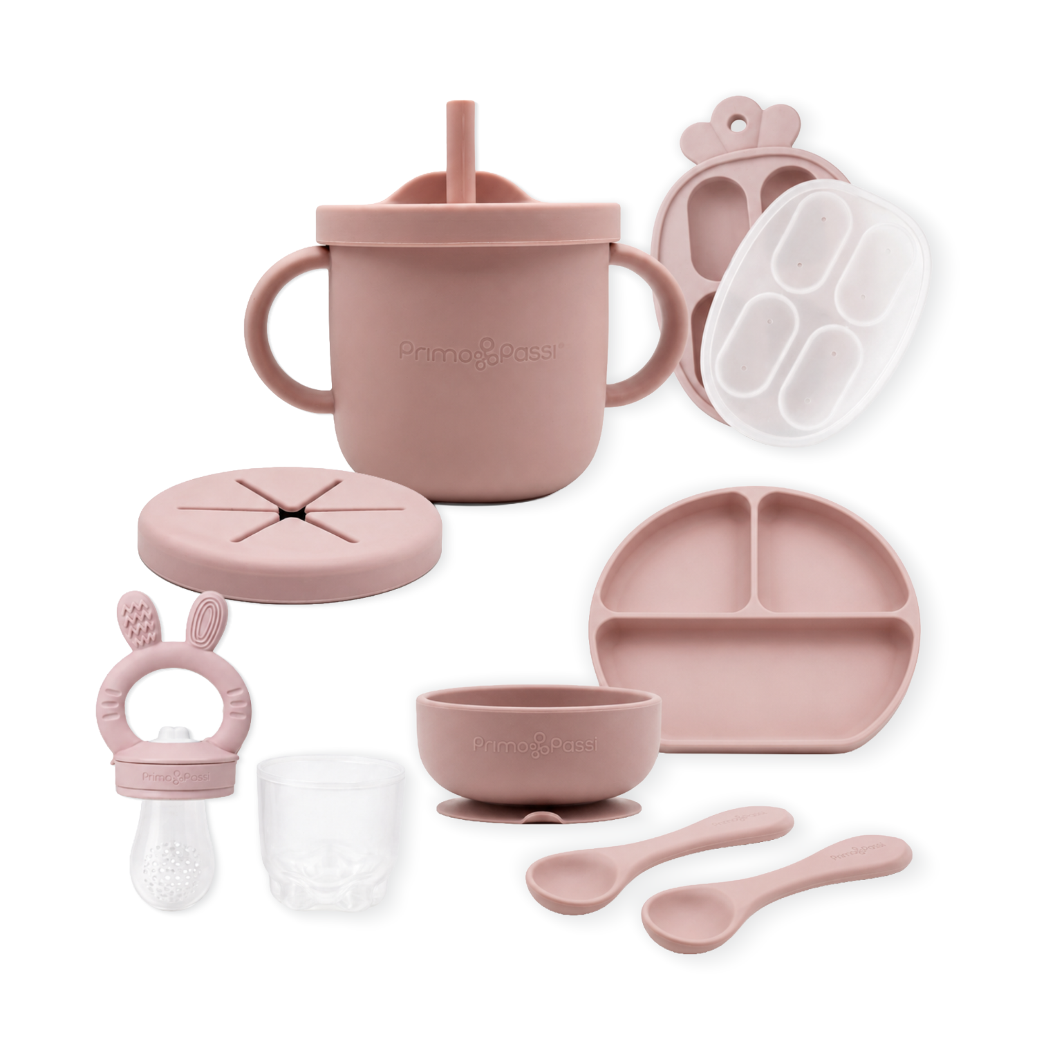Collection of pink baby utensils including a cup, bowl, and feeding toys on a white background.