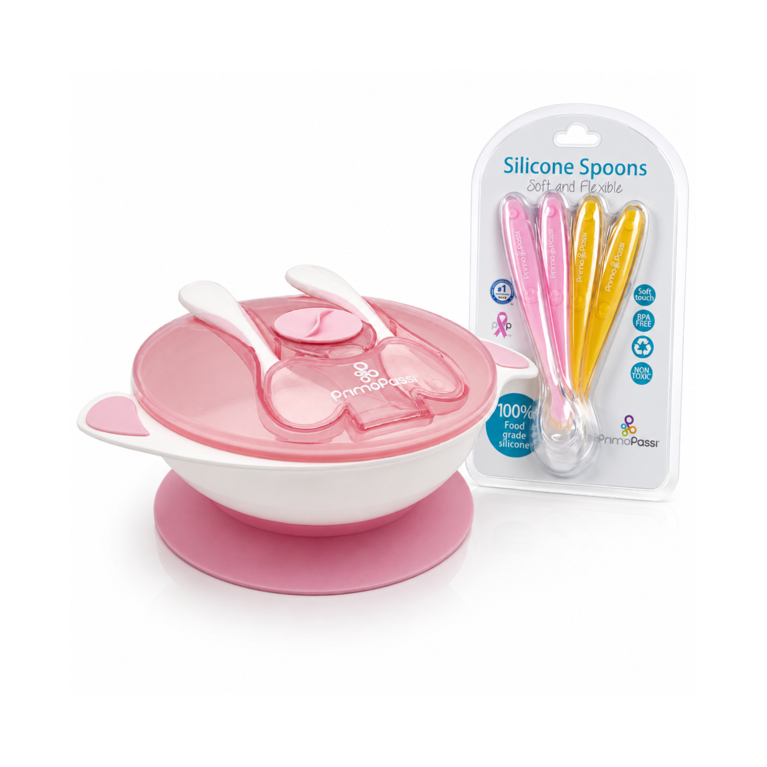 Light Pink Silicone Suction Bowl with Pink and Yellow Silicone Spoon 4-Pack for baby self-feeding.