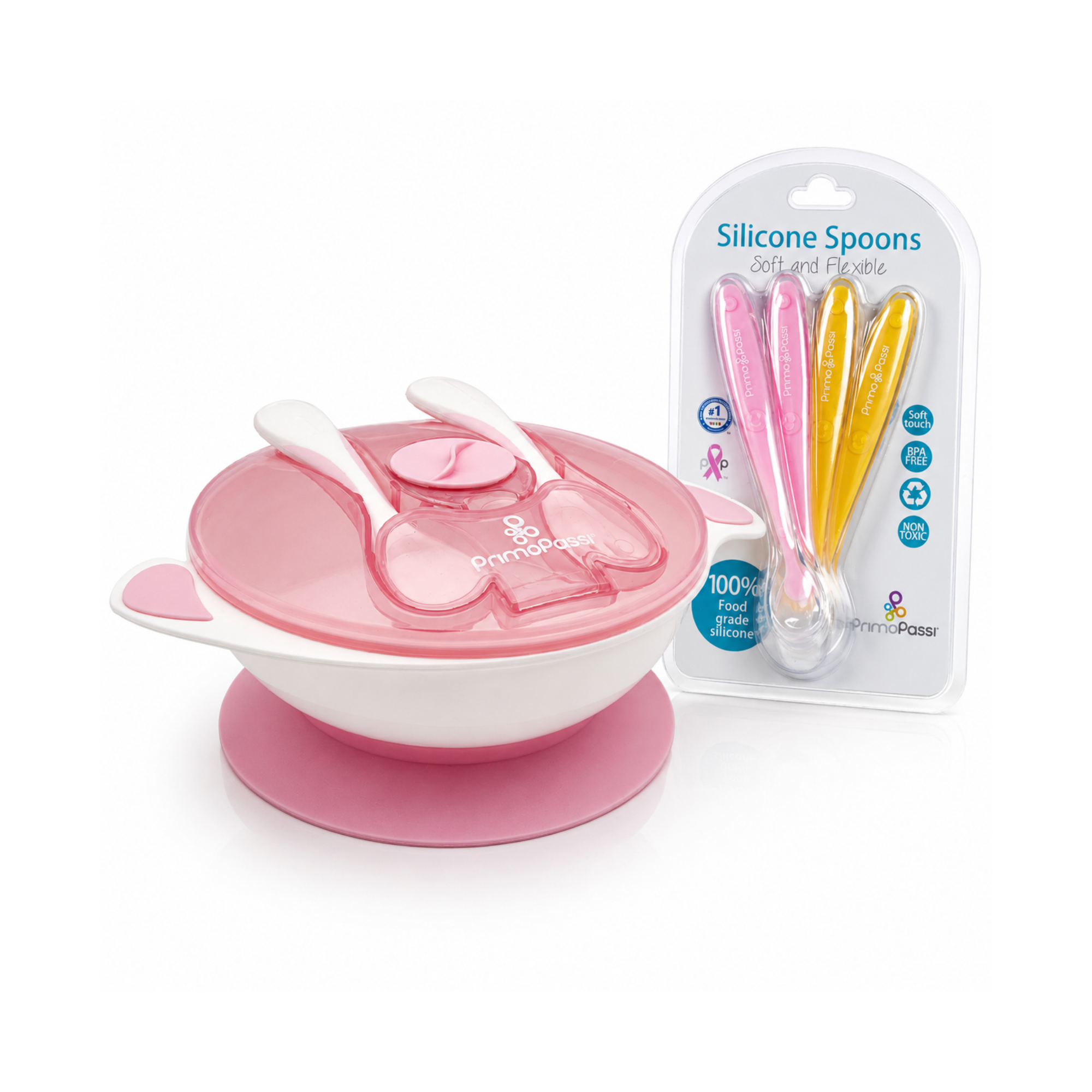 Primo Passi - Suction Bowl Light Pink+ Silicone Spoon 4-Pack Pink/Yellow