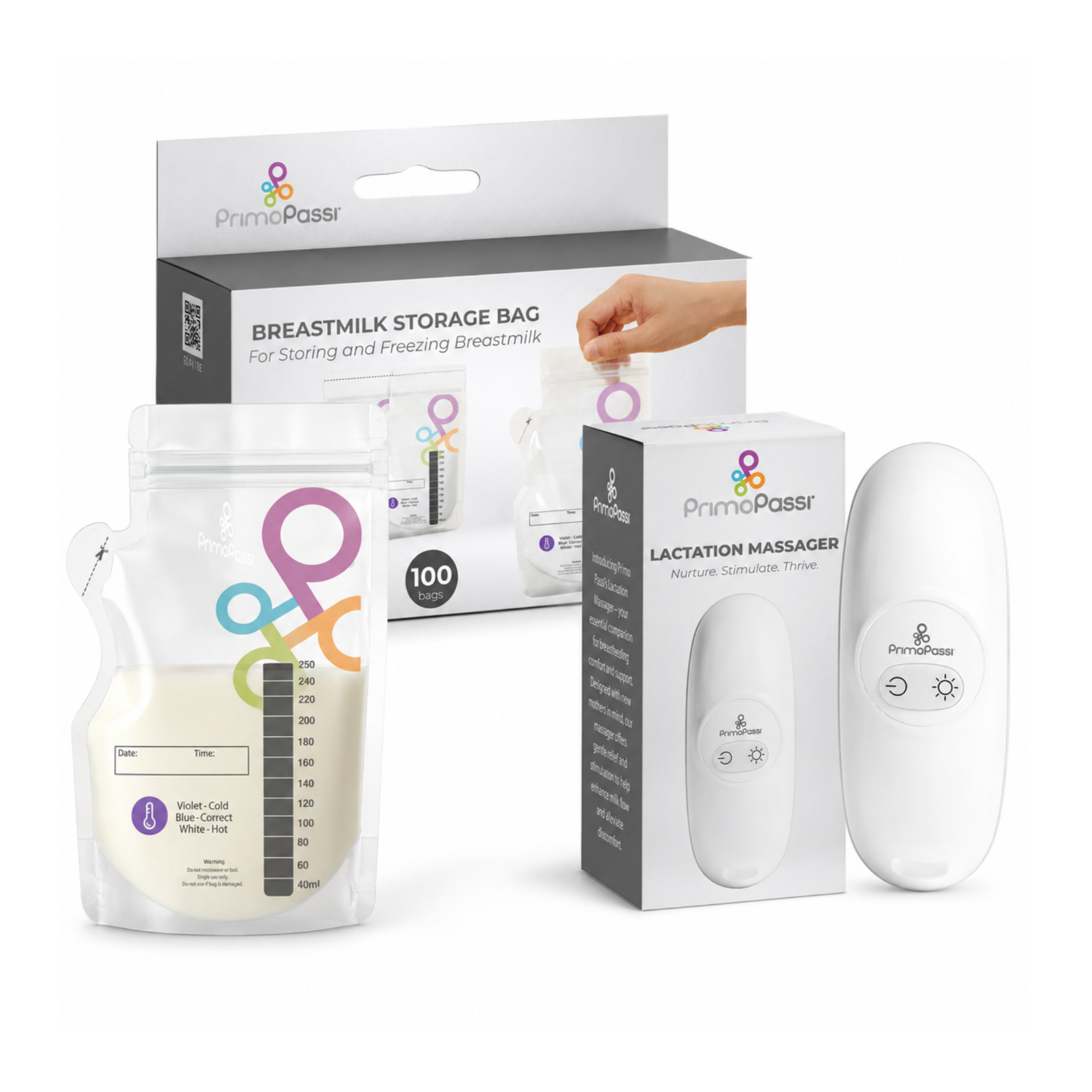 breastmilk storage bags and lactation massager on a white background
