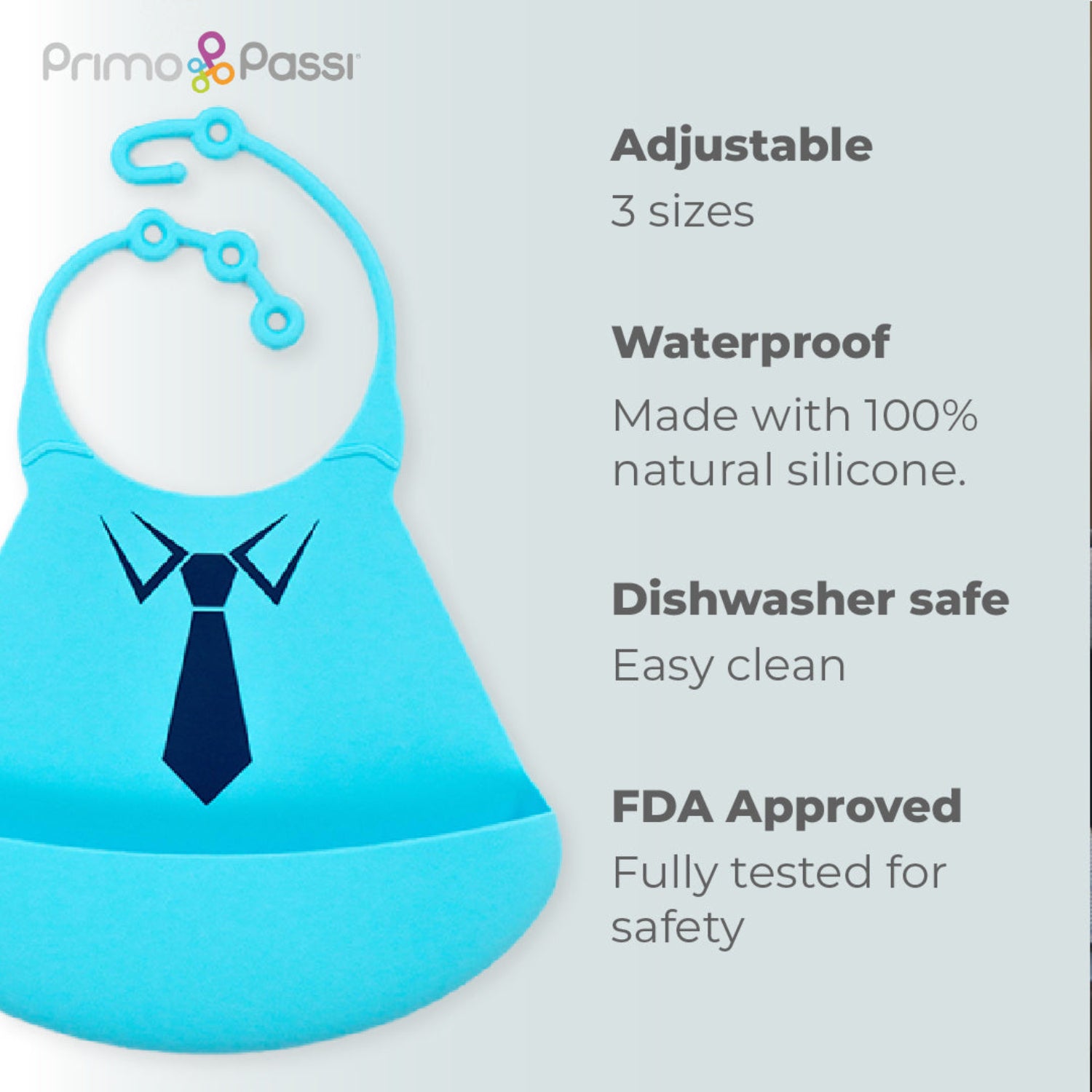 Primo Passi blue silicone baby bib with a tuxedo-style print displayed alongside its key features. The waterproof bib is made from 100% natural silicone and includes an adjustable neck with three size settings, a deep catch pocket to help contain spills, dishwasher-safe construction for easy cleaning, and FDA-approved materials tested for safety.