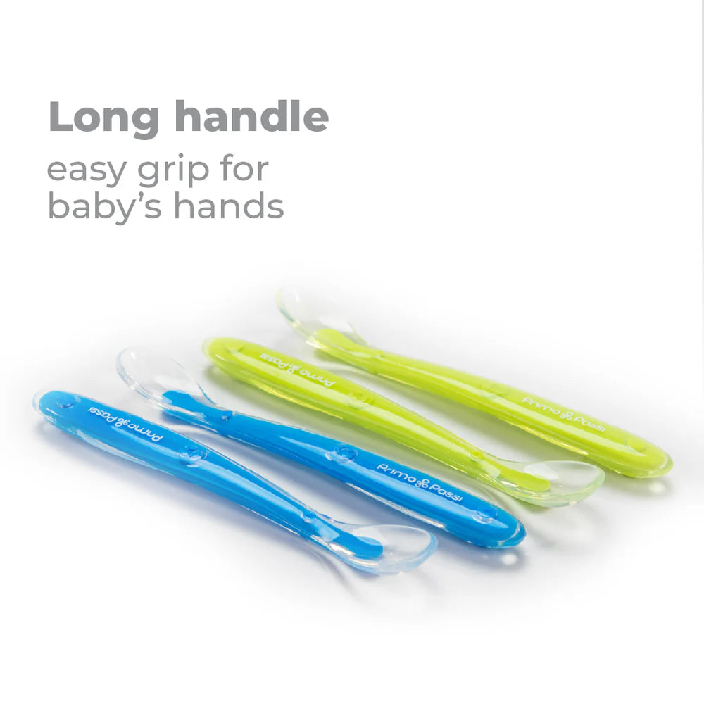 Primo Passi - Suction Bowl Grey + Silicone Spoon 4-Pack Blue/Green