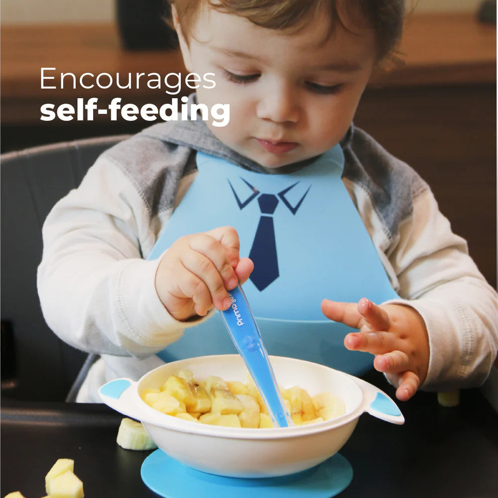 Primo Passi - Suction Bowl Grey + Silicone Spoon 4-Pack Blue/Green