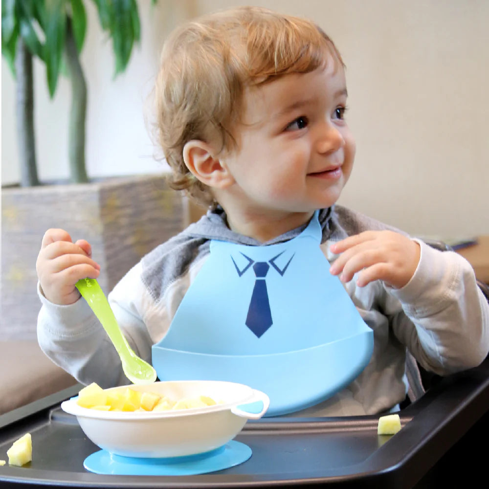 Primo Passi - Suction Bowl Grey + Silicone Spoon 4-Pack Blue/Green