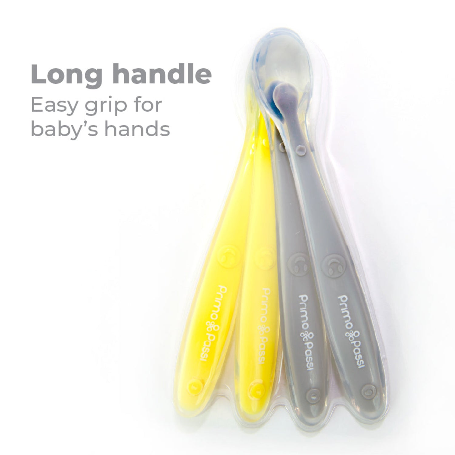 Close-up of four Primo Passi silicone baby spoons with long, ergonomic handles designed for little hands. Made from ultra-soft, food-grade silicone, these BPA-free spoons provide a comfortable grip and help babies learn independent self-feeding safely.