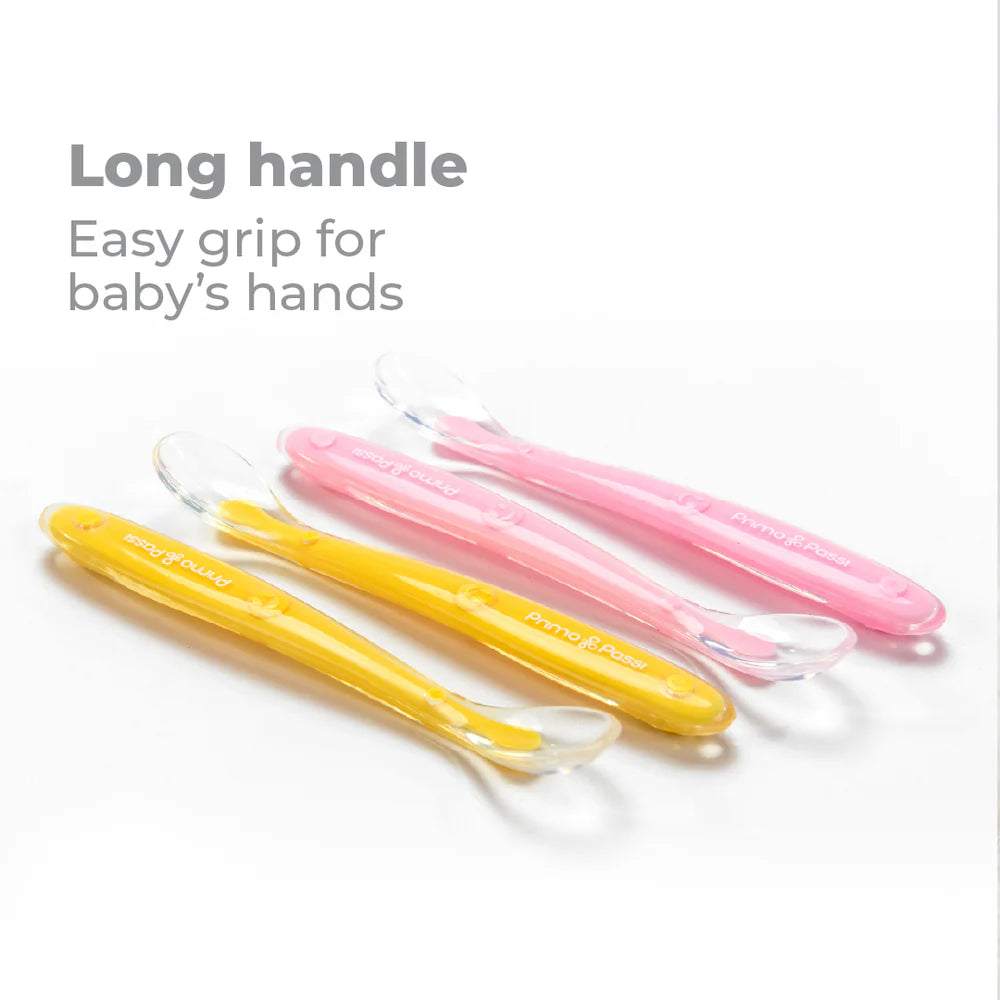 Primo Passi - Suction Bowl Light Pink+ Silicone Spoon 4-Pack Pink/Yellow
