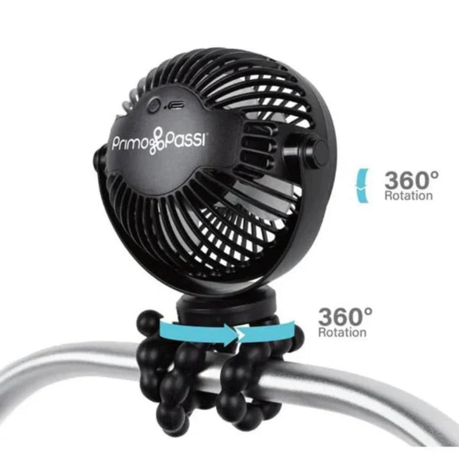 Black fan with 360-degree rotation feature on a white background