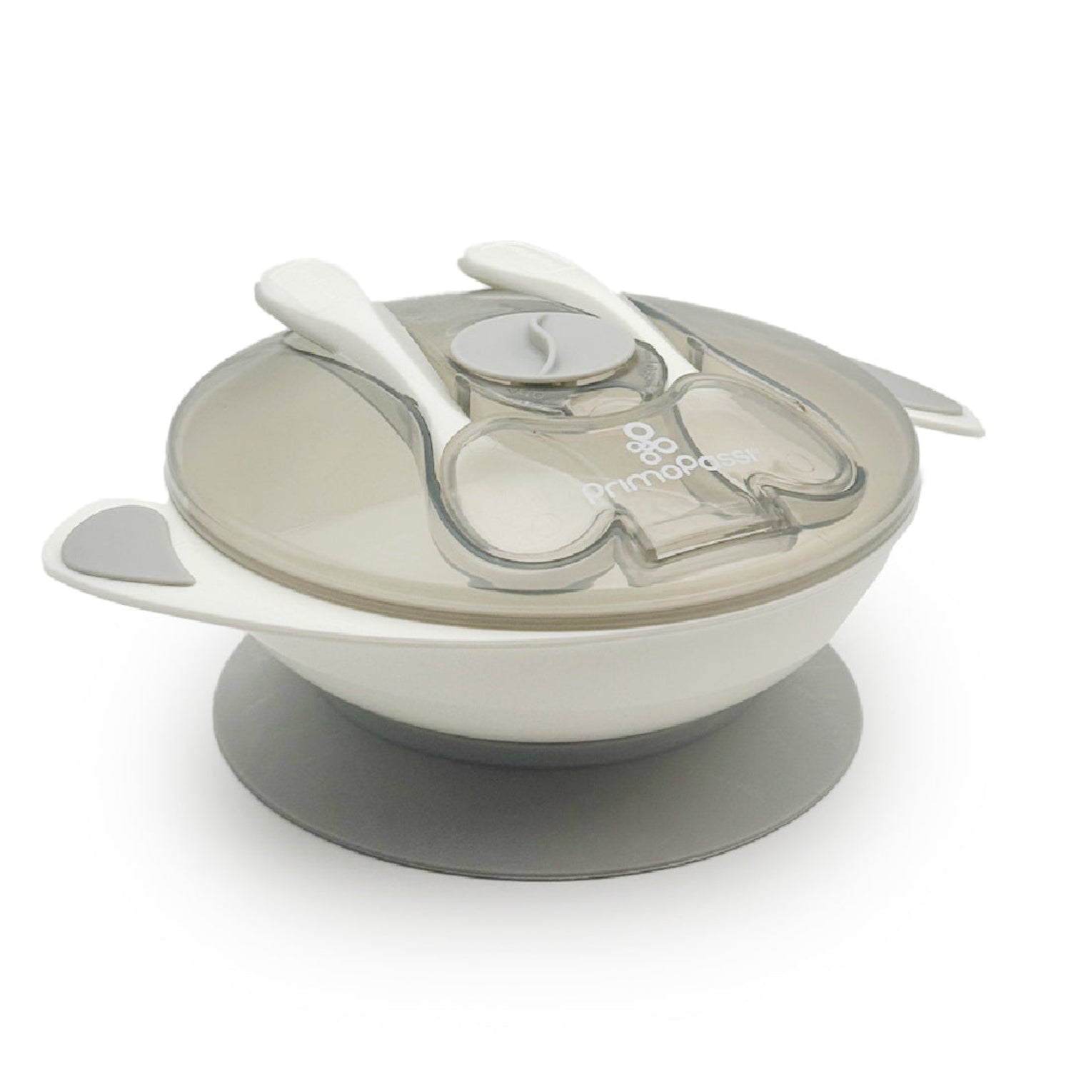 Primo Passi grey baby feeding set featuring a suction bowl with a transparent lid, matching spoon and fork, and a strong non-slip suction base. The airtight lid helps keep food fresh for storage or travel, while the secure suction base helps prevent spills during mealtime. Designed for babies learning to self-feed.