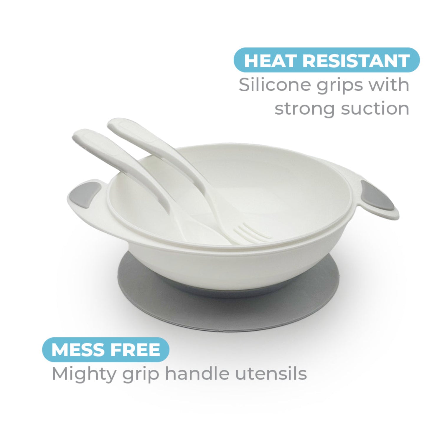 Primo Passi baby suction bowl feeding set featuring a white bowl with a strong gray silicone suction base and matching spoon and fork. The image highlights the heat-resistant bowl, powerful suction grip to help prevent spills, and ergonomic utensils with easy-grip handles for mess-free self-feeding.