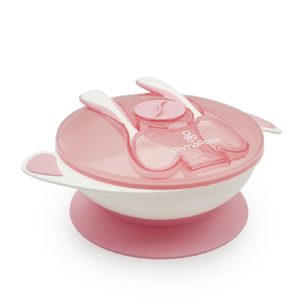 Primo Passi - Suction Bowl Light Pink+ Silicone Spoon 4-Pack Pink/Yellow