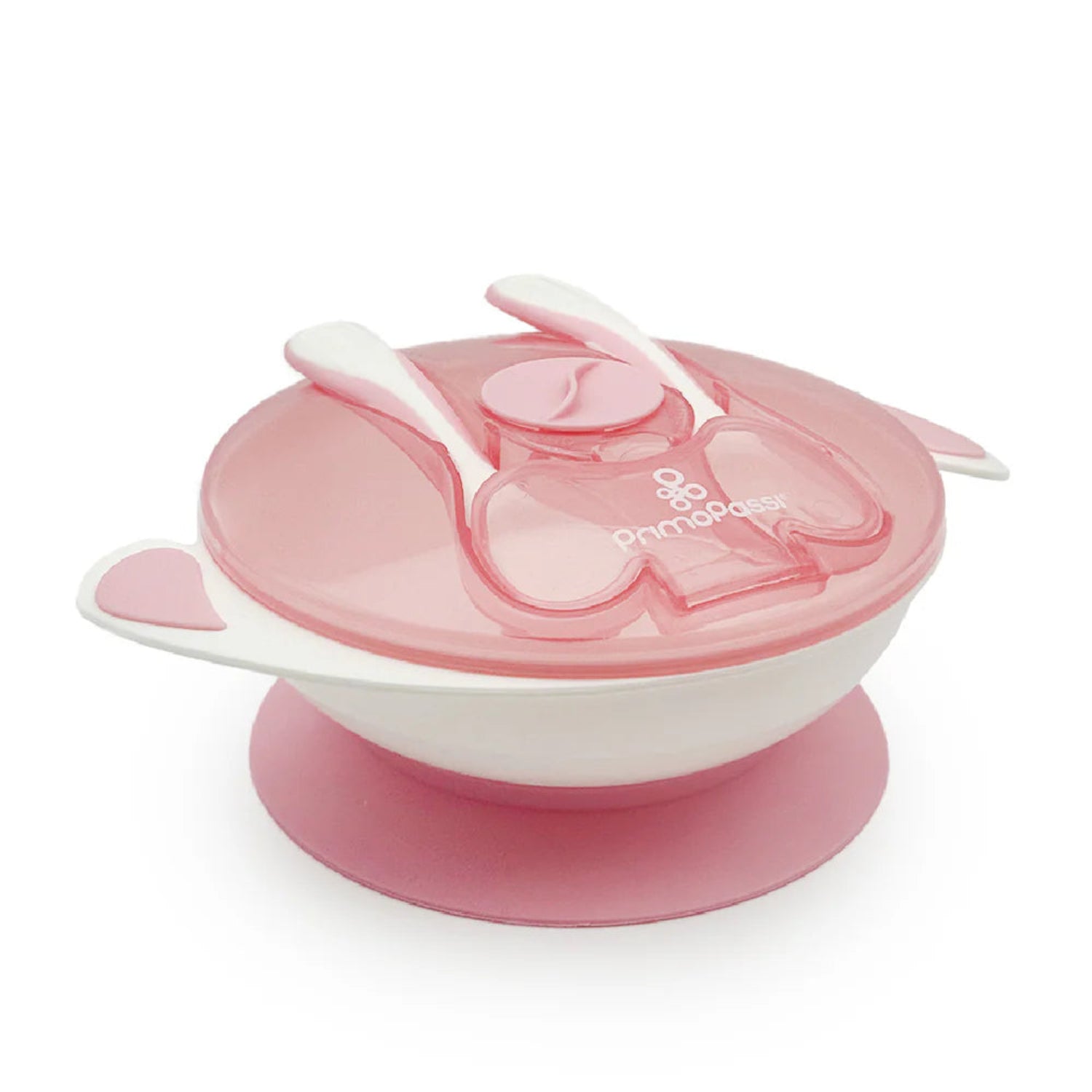 Pink and white baby feeding set with lid and spoon on a white background