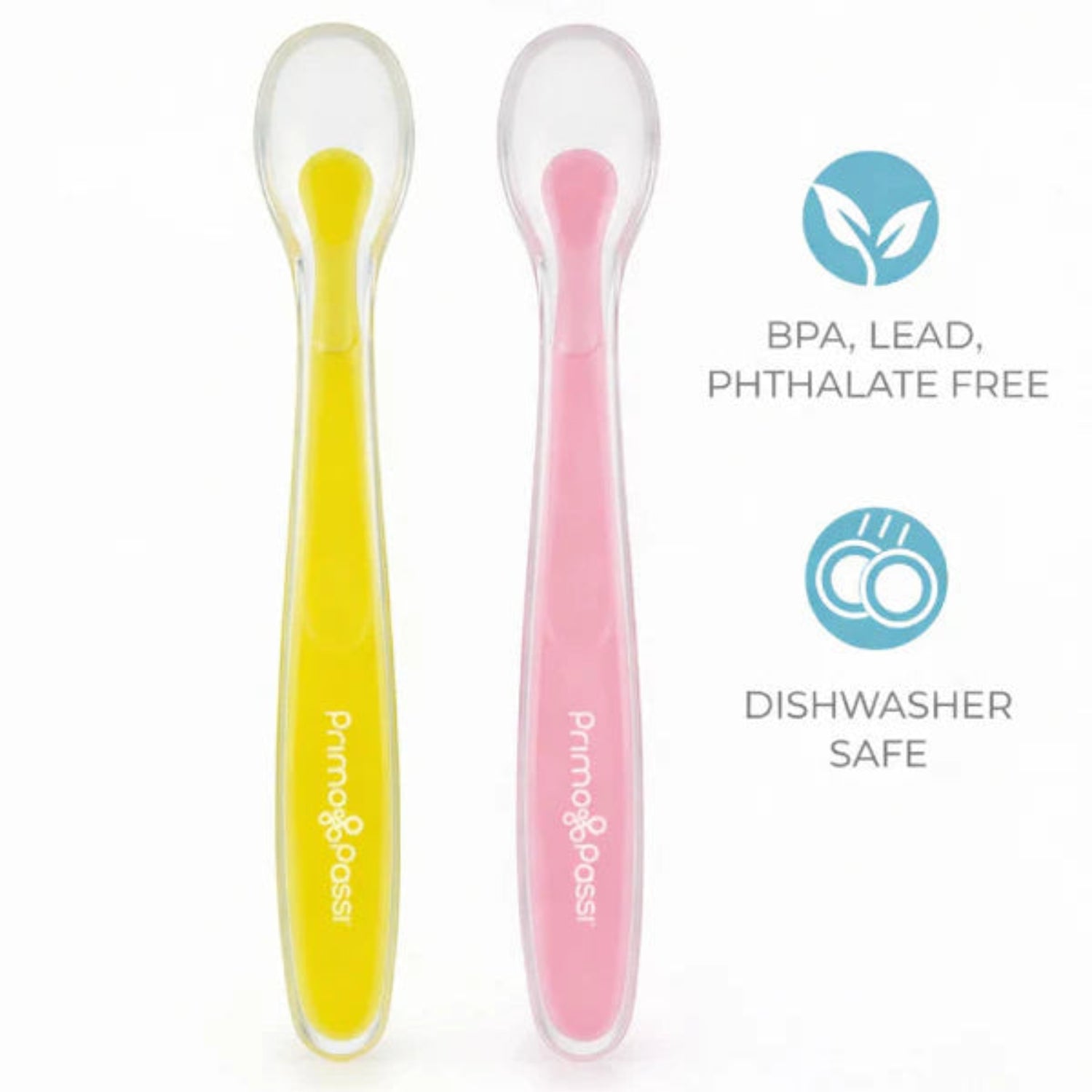 Close-up of the 2 silicone spoons - yellow and light pink. They are BPA, lead, phthalate free and dishwasher safe.