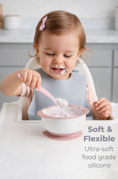 Primo Passi - Suction Bowl Light Pink+ Silicone Spoon 4-Pack Pink/Yellow