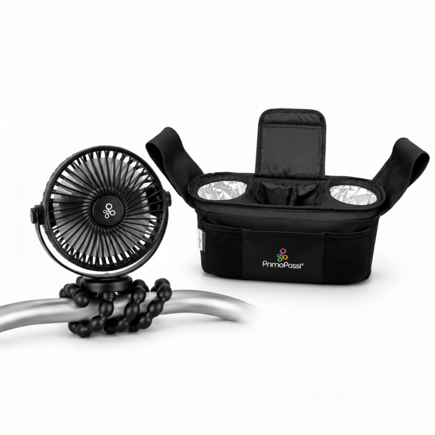 Black portable fan with a holder and a black stroller organizer on a white background