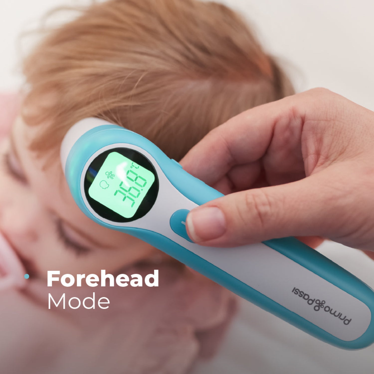 A close-up of a hand holding a teal and white digital forehead thermometer against a child's forehead. The thermometer displays 36.8.